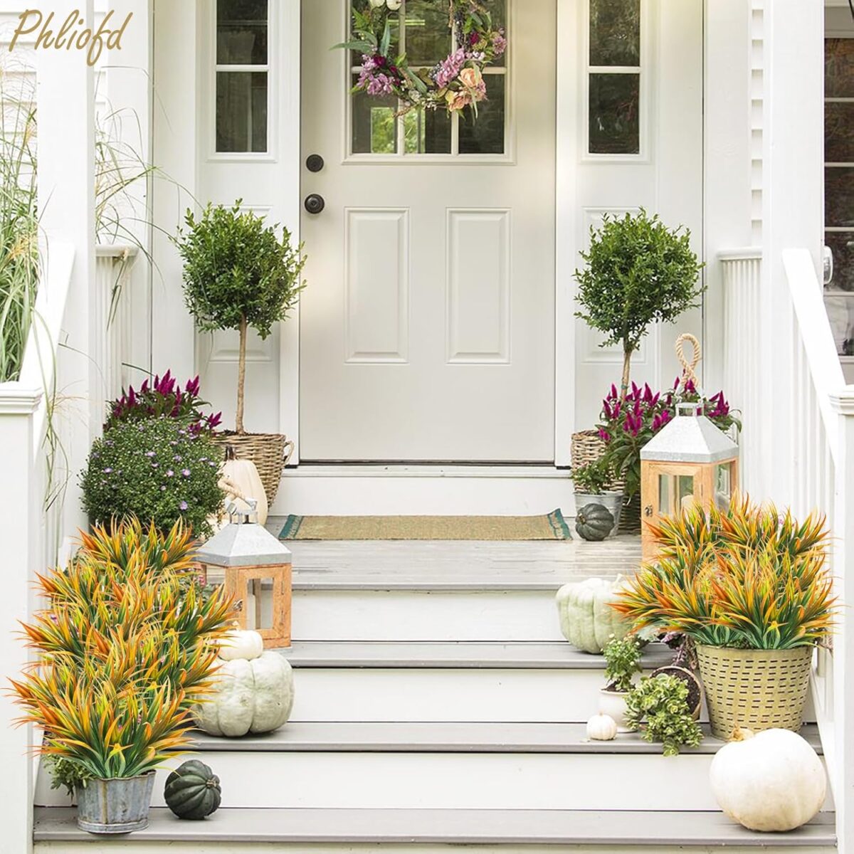 6Pcs Artificial Grass Fake Plants 17.3in Outdoor Plastic Plants UV Resistant Greenery Fake Grass for Home Window Garden Office Patio Hanging Planter Pathway Front Porch Décor Orange Yellow - Image 3
