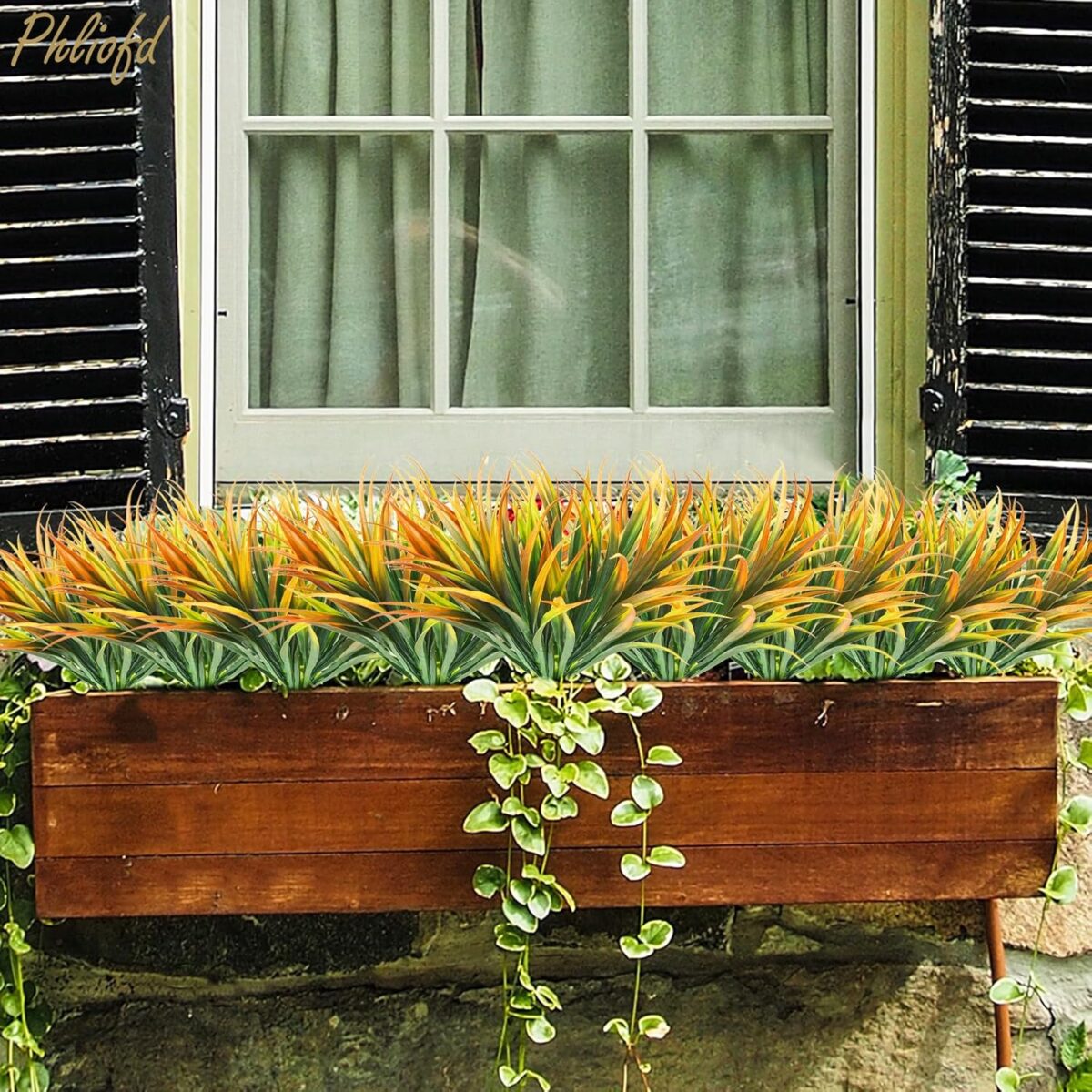 6Pcs Artificial Grass Fake Plants 17.3in Outdoor Plastic Plants UV Resistant Greenery Fake Grass for Home Window Garden Office Patio Hanging Planter Pathway Front Porch Décor Orange Yellow - Image 5