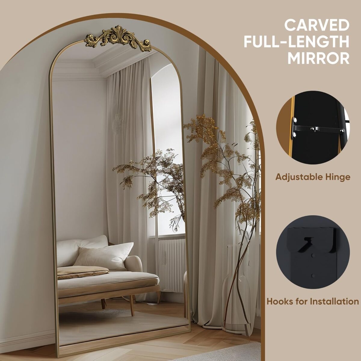 Antok Arched Full Length Mirror, 71"x28" Floor Mirror with Carved, Full Body Mirrors for HomeDecor, Standing/Halling Large Wall Mirror for Bedroom, Living Room, Cloakroom, Bronze, Retro Style - Image 6