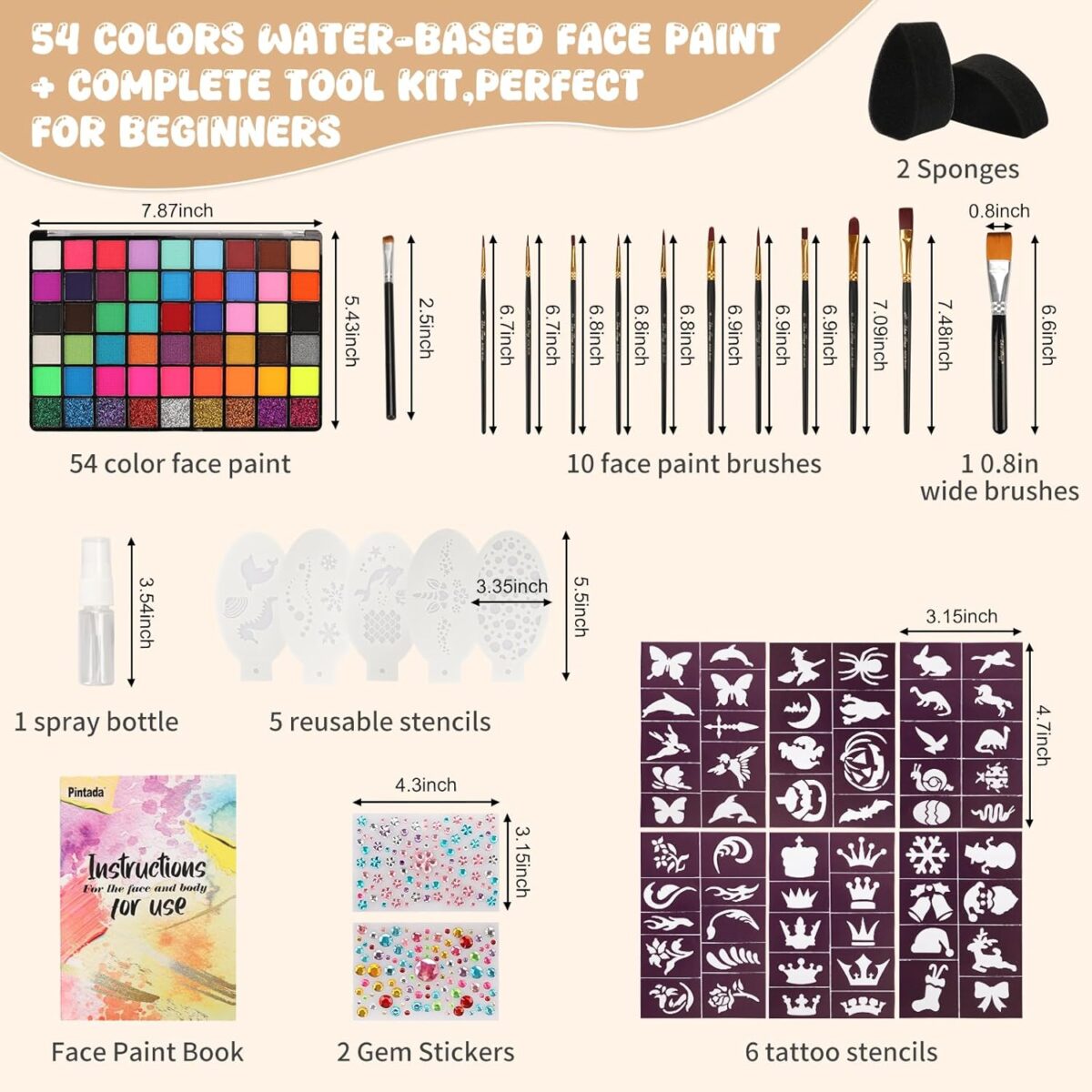 Pintada 54 Color Face Painting Kit for Kids - Non Toxic Water Activated Face Paint Palette with Stencils, Brushes, Gems & Book. For Halloween, Carnival, Party; Costume Makeup for Creative Activities - Image 3