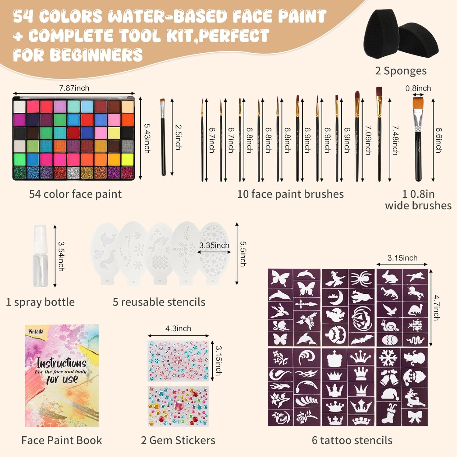 1761294396_Pintada-54-Color-Face-Painting-Kit-for-Kids-Non-Toxic-Water-Activated-Face-Paint-Palette-with-Stencils-Brushes-Gems-Book.-For-Halloween-Carnival-Party-Costume-Makeup-for-Creative-Activities.jpg Pintada 54 Color Face Painting Kit for Kids - Non Toxic Water Activated Face Paint Palette with Stencils, Brushes, Gems & Book. For Halloween, Carnival, Party; Costume Makeup for Creative Activities - Image 3