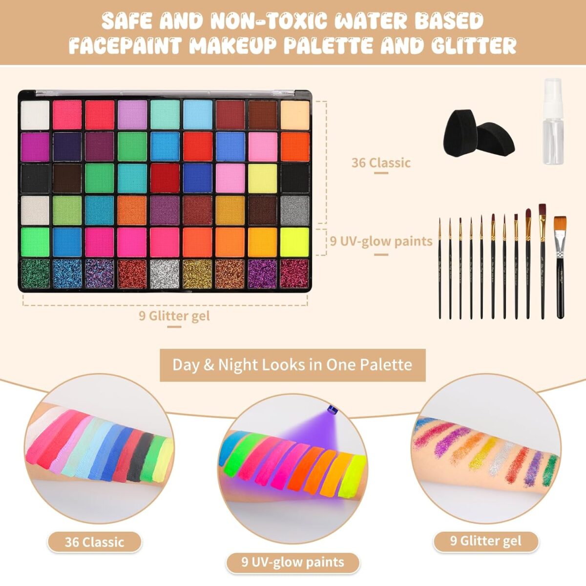 Pintada 54 Color Face Painting Kit for Kids - Non Toxic Water Activated Face Paint Palette with Stencils, Brushes, Gems & Book. For Halloween, Carnival, Party; Costume Makeup for Creative Activities - Image 4