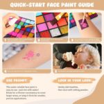 Pintada 54 Color Face Painting Kit for Kids - Non Toxic Water Activated Face Paint Palette with Stencils, Brushes, Gems & Book. For Halloween, Carnival, Party; Costume Makeup for Creative Activities - Image 7