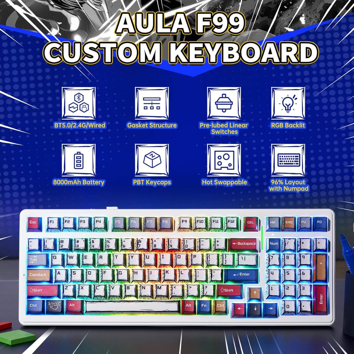 x Aula F99 Wireless Gaming Keyboard, Bluetooth Mechanical Keyboard Hot Swappable Custom Creamy Computer Keyboards, RGB Backlit, Tri-Mode BT5.0/2.4GHz/USB-C, Gasket Structure, Pre-lubed Linear Switches - Image 3