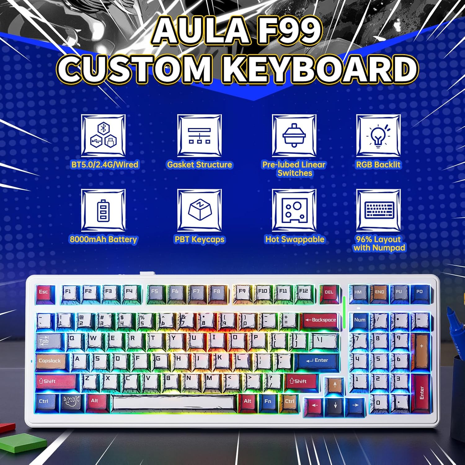 1761295901_x-Aula-F99-Wireless-Gaming-Keyboard-Bluetooth-Mechanical-Keyboard-Hot-Swappable-Custom-Creamy-Computer-Keyboards-RGB-Backlit-Tri-Mode-BT5.02.4GHzUSB-C-Gasket-Structure-Pre-lubed-Linear-Switches.jpg x Aula F99 Wireless Gaming Keyboard, Bluetooth Mechanical Keyboard Hot Swappable Custom Creamy Computer Keyboards, RGB Backlit, Tri-Mode BT5.0/2.4GHz/USB-C, Gasket Structure, Pre-lubed Linear Switches - Image 3