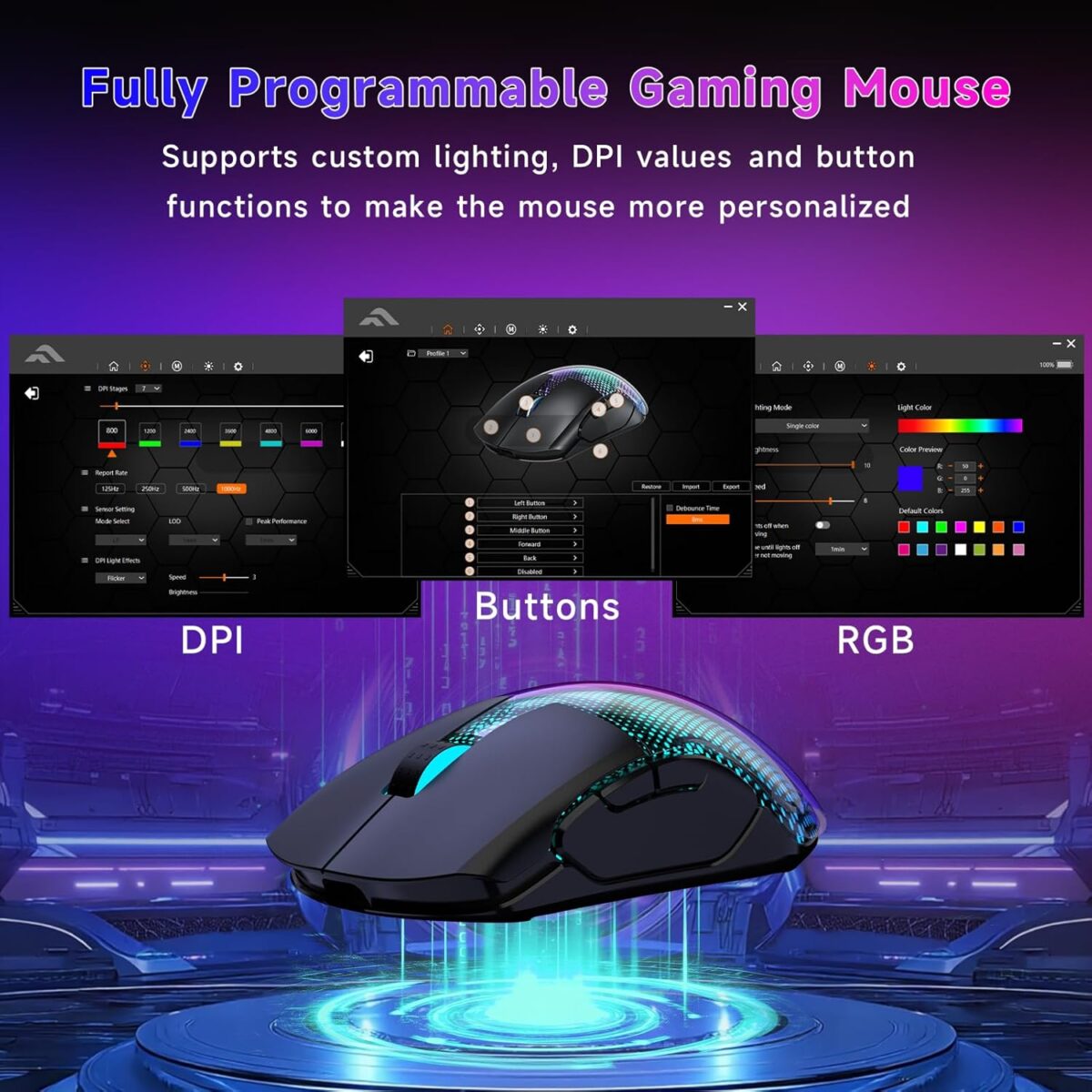 FFJ Master02 Wireless Gaming Mouse, 12000 DPI, Tri-Mode 2.4G/USB-C/Bluetooth 5.3 Gaming Mouse, Python Skin Texture RGB Backlit, 6 Programmable Buttons, 75Hr Battery Life for PC, Mac, PS5, XBOX - Black - Image 3