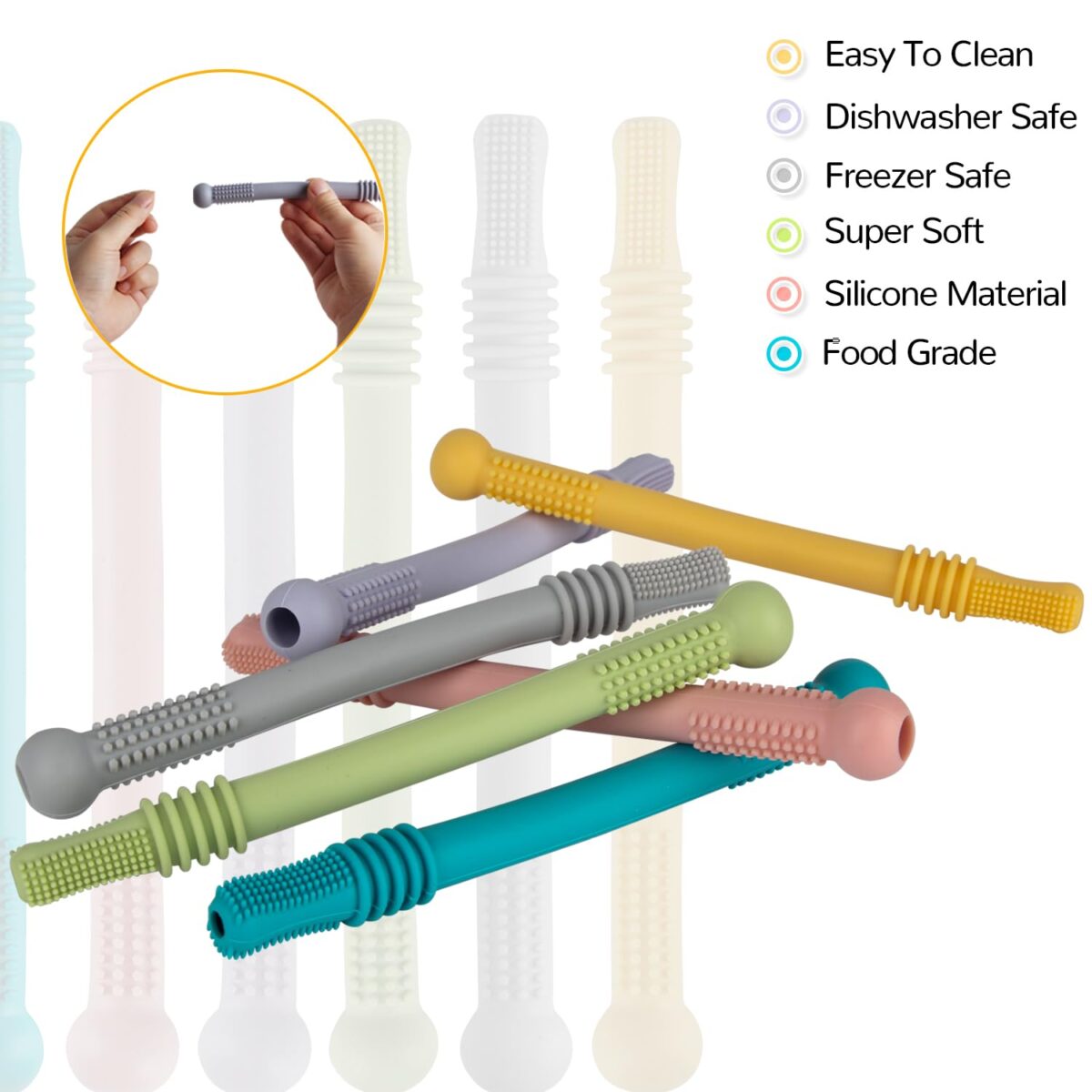 Fu Store Hollow Teether Tube Chew Straw Sensory Toy for Infant Toddlers Silicone Tubes Teething Toys for Babies 18-36 Months Gifts Learning Developmental Toys BPA Free Freezable 6 Pack - Image 3