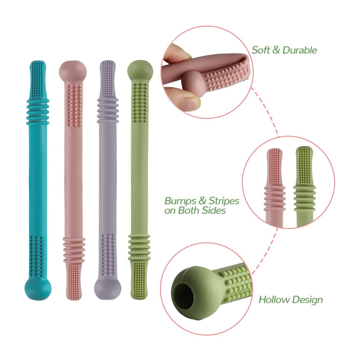 Fu Store Hollow Teether Tube Chew Straw Sensory Toy for Infant Toddlers Silicone Tubes Teething Toys for Babies 18-36 Months Gifts Learning Developmental Toys BPA Free Freezable 6 Pack - Image 5