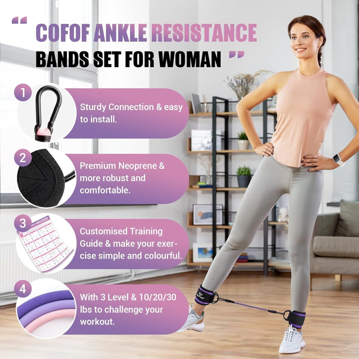Ankle Resistance Bands With Cuffs for Working Out, Kickbacks, Hip, Leg and Glute Exercise - Training Poster Included - for Women - Image 3