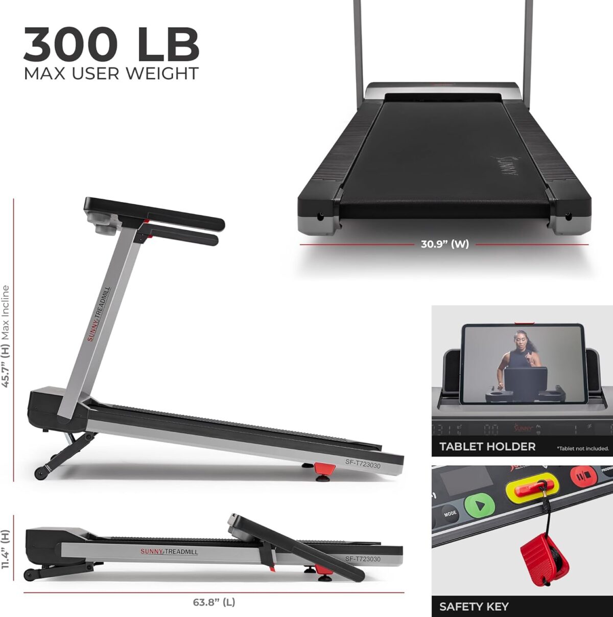 Sunny Health & Fitness Fully Assembled OneClick-Fold 20" Smart Treadmill with Auto Incline & SunnyFit App - Image 8