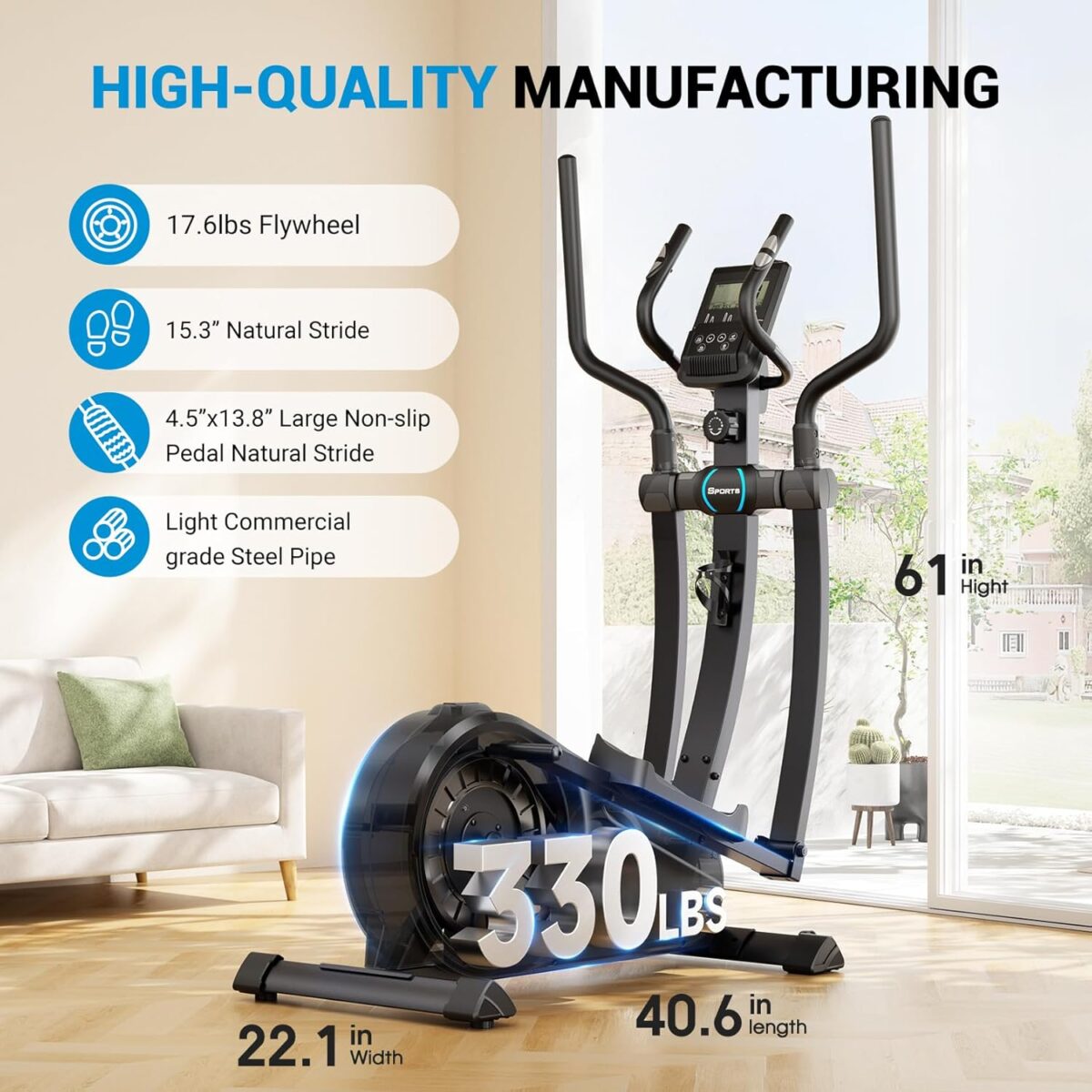 THERUN Elliptical Exercise Machine, Elliptical Machine for Home w/Whisper-Quiet Magnetic Driving System, Elliptical Trainer w/ 15.3" Stride, 16 Resistance Levels, 8KG Flywheel, Bottle Holder - Image 5