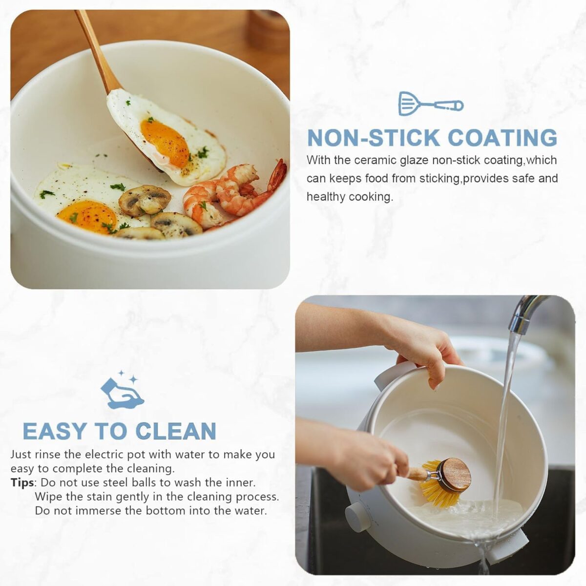 Hot Pot Electric,2L Ceramic Glaze Non-stick Pan, Portable Hot Pot with Dual Power Adjustment, Electric Cooker for Egg, Ramen, Oatmeal,Soup Quick Heating and Overheat Protection - Image 5