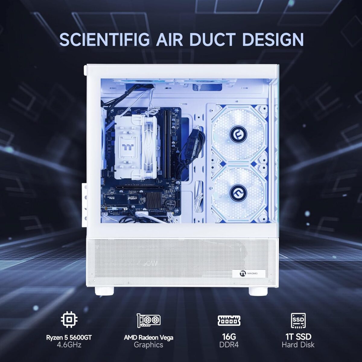 NINGMEI Soul Gaming PC Desktop,AMD Ryzen 5 5600GT 6 core 3.6GHz(up to 4.6GHz),AMD Radeon Vega 7 Graphics,16GB DDR4 RAM 3200MHz,1TB NVME SSD,550W PSU, Windows 11 Home 64-bit,White - Image 8