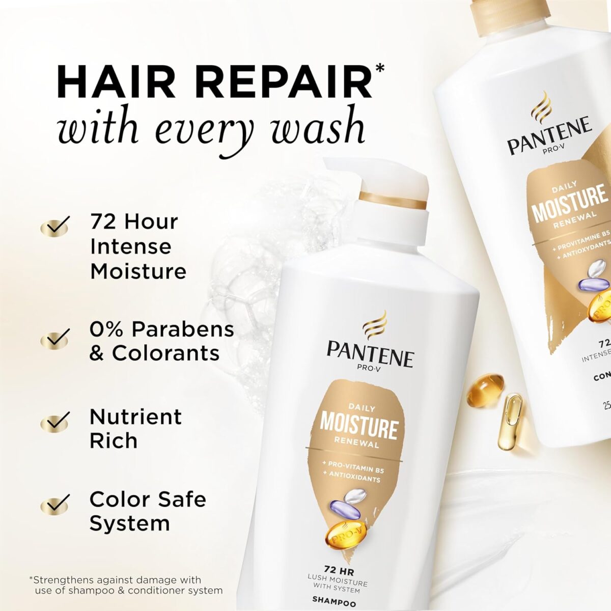 Pantene Shampoo & Conditioner Set, Daily Moisture Renewal - Pro-V Nutrients for Dry, Color-Treated, Straight to Curly Hair, 72-Hour Hydration & Softness, 52.8 Oz Total + Miracle Rescue Shot (0.5 Oz) - Image 3
