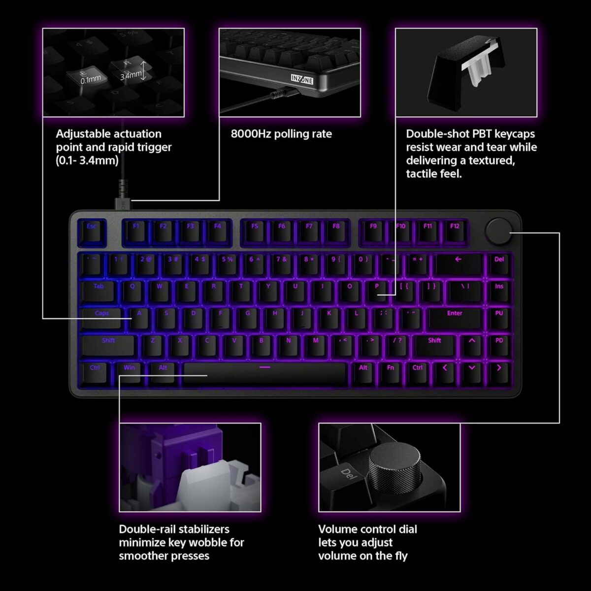 Sony INZONE KBD-H75 75% Wired Aluminum Chassis Gaming Keyboard, Hall-Effect Switch, Rapid Trigger, Adjustable Actuation Point, 8000 Hz Polling Rate, RGB Lighting, Volume Dial - Image 4