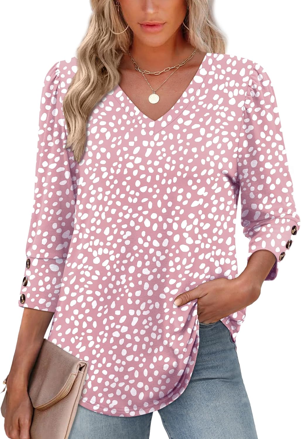 1761389371_XIEERDUO-Womens-34-Sleeve-Tops-with-Buttons-V-Neck-Summer-Outfits-Casual-Blouses-Shirts-Beach-Vacation-Fall-Clothes-2025.jpg XIEERDUO Womens 3/4 Sleeve Tops with Buttons V-Neck Summer Outfits Casual Blouses Shirts Beach Vacation Fall Clothes 2025 - Image 3