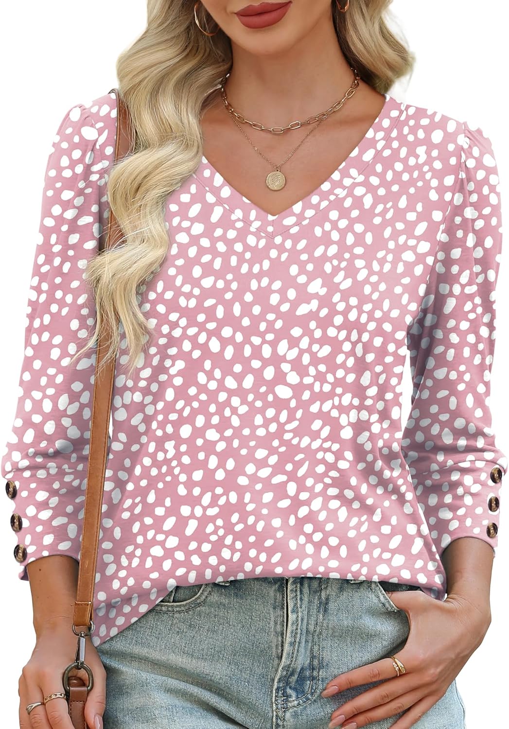 1761389374_XIEERDUO-Womens-34-Sleeve-Tops-with-Buttons-V-Neck-Summer-Outfits-Casual-Blouses-Shirts-Beach-Vacation-Fall-Clothes-2025.jpg XIEERDUO Womens 3/4 Sleeve Tops with Buttons V-Neck Summer Outfits Casual Blouses Shirts Beach Vacation Fall Clothes 2025 - Image 5