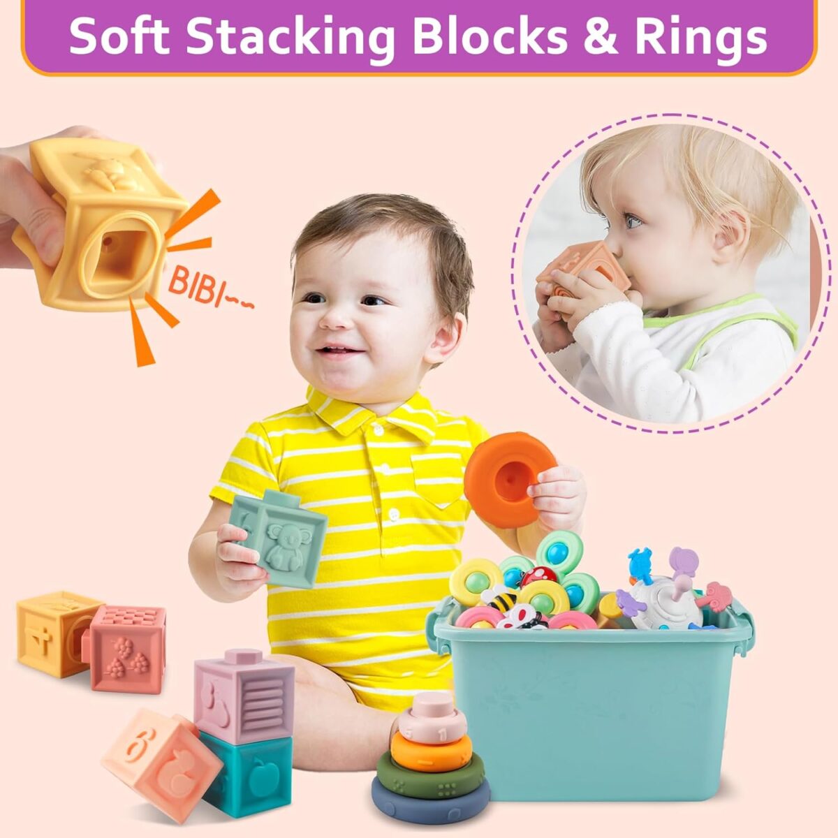 Baby Toys for 6 to 12 Months, Montessori Sensory Bins & Teething Toys, 6 in 1 Stacking Blocks, Rings, Eggs, Spinner, Crab Shape, 27 Pieces, Ages 6-36 Months - Image 3