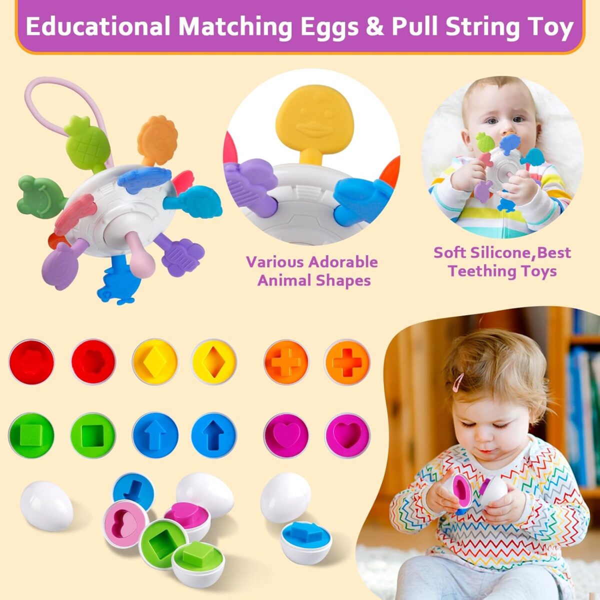 Baby Toys for 6 to 12 Months, Montessori Sensory Bins & Teething Toys, 6 in 1 Stacking Blocks, Rings, Eggs, Spinner, Crab Shape, 27 Pieces, Ages 6-36 Months - Image 6