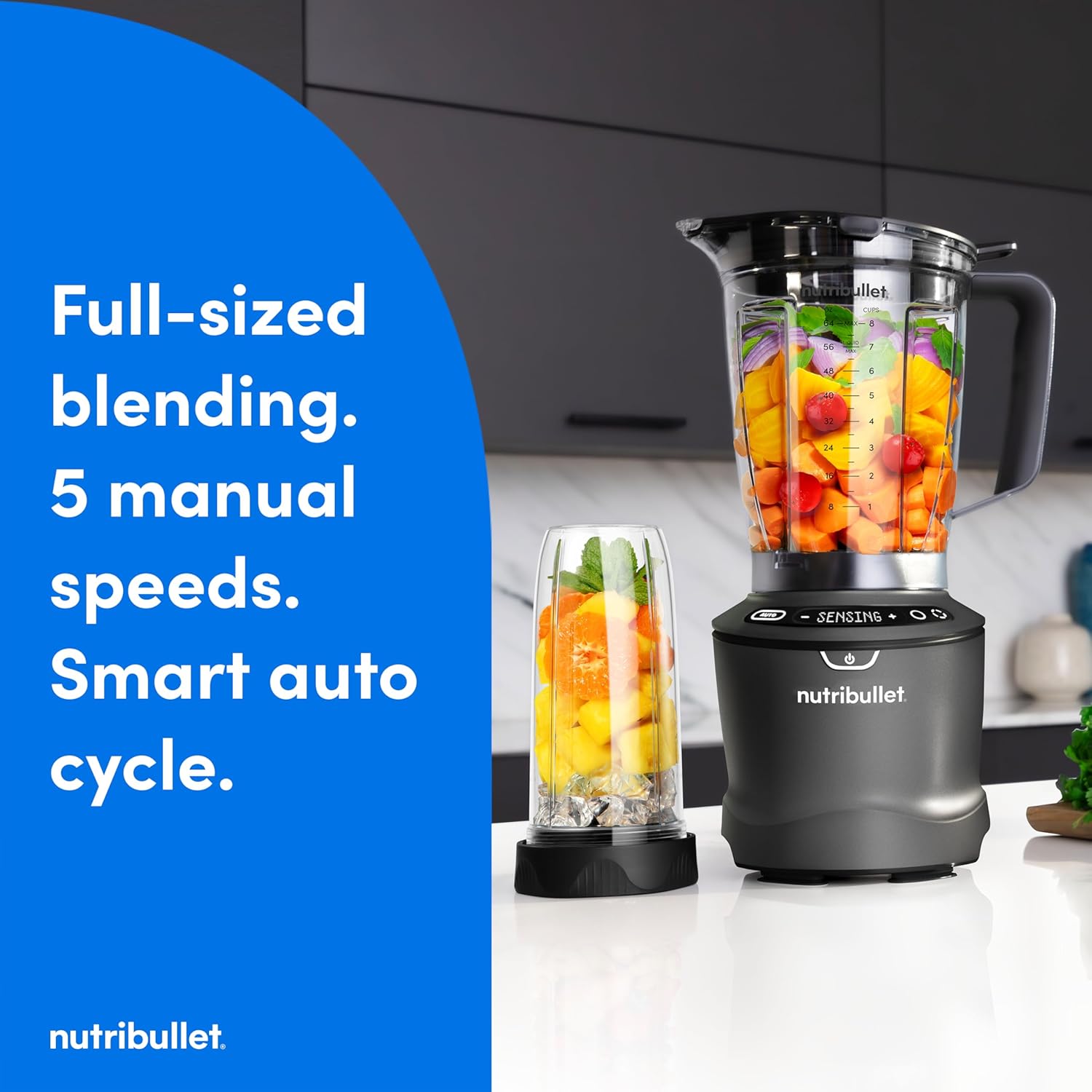 1761428575_nutribullet®-SmartSense-Blender-Combo-1400W-64oz-Pitcher-32oz-24oz-Cups-5-Speed-Smoothies-Ice-and-Frozen-Fruit-Nut-Milk-Soup-Gunmetal-Gray-NBF50700.jpg nutribullet® SmartSense Blender Combo, 1400W, 64oz Pitcher, 32oz & 24oz Cups, 5-Speed, Smoothies, Ice and Frozen Fruit, Nut Milk, Soup, Gunmetal Gray, NBF50700 - Image 3