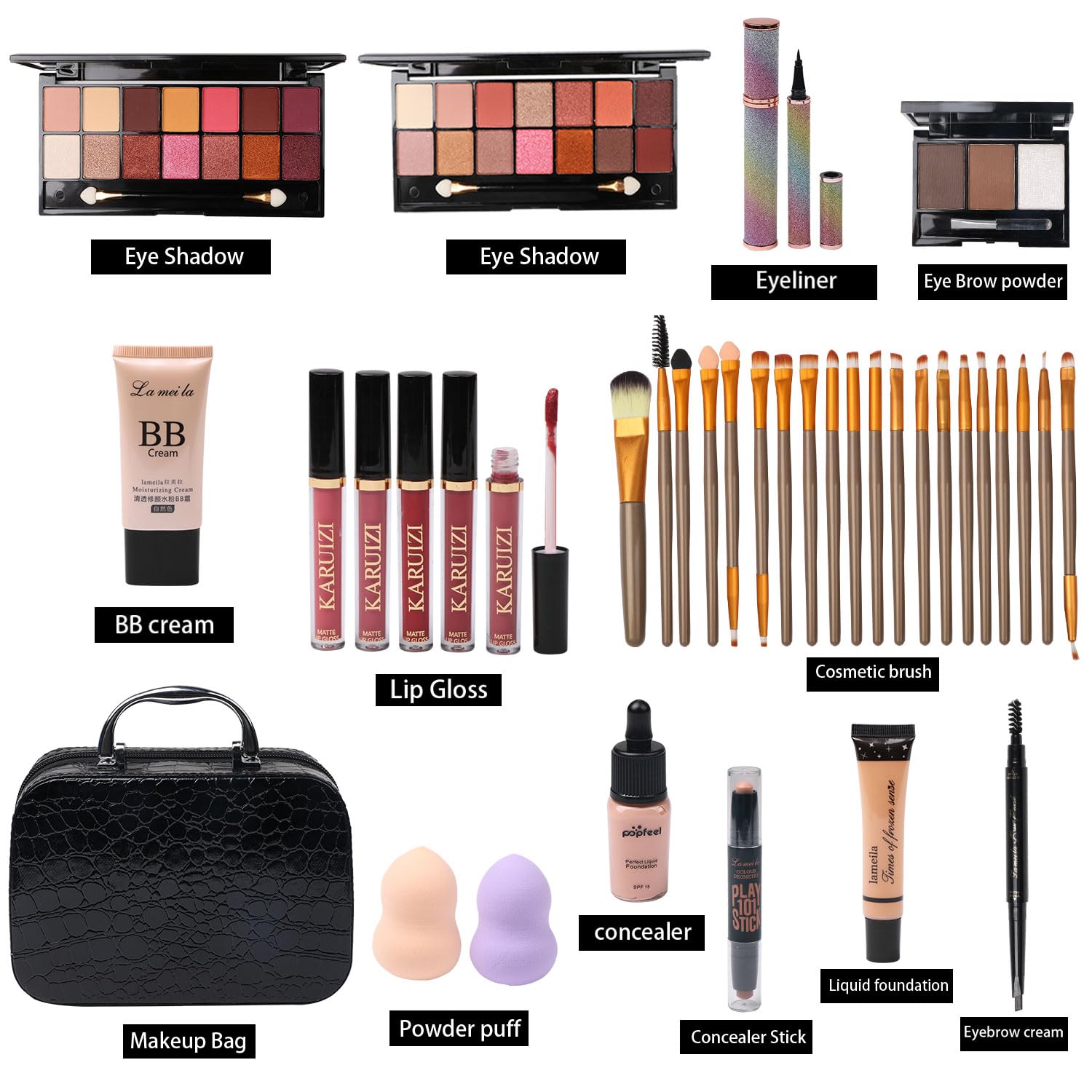 1761466761_All-in-One-Makeup-Kit-2X14-Eyeshadow-Palette-Liquid-Foundation-Eyeliner-Pencils-Contouring-Stick-Lip-Gloss-20Pcs-Makeup-Brushes-Black.jpg All in One Makeup Kit - 2X14 Eyeshadow Palette, Liquid Foundation, Eyeliner Pencils, Contouring Stick, Lip Gloss, 20Pcs Makeup Brushes (Black) - Image 3