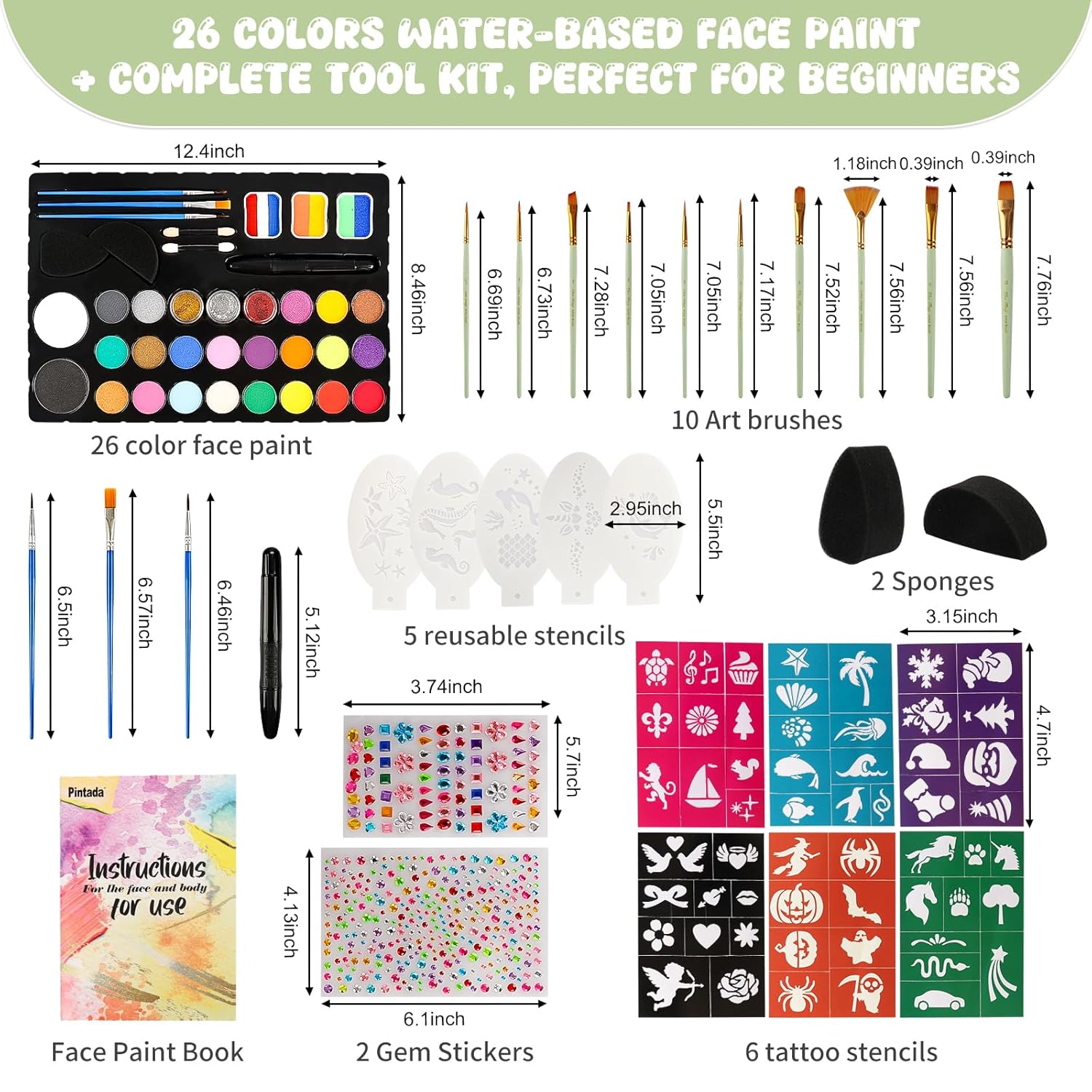 1761467977_Pintada-26-Color-Face-Painting-Kit-for-Kids-Non-Toxic-Water-Activated-Face-Paint-Palette-with-Brush-Stencils-Gems-For-Halloween-Carnivals-Costume-Parties-Body-Art-Fairs-Creative-Events.jpg Pintada 26 Color Face Painting Kit for Kids - Non-Toxic Water Activated Face Paint Palette with Brush, Stencils, Gems - For Halloween, Carnivals, Costume Parties, Body Art, Fairs & Creative Events. - Image 3