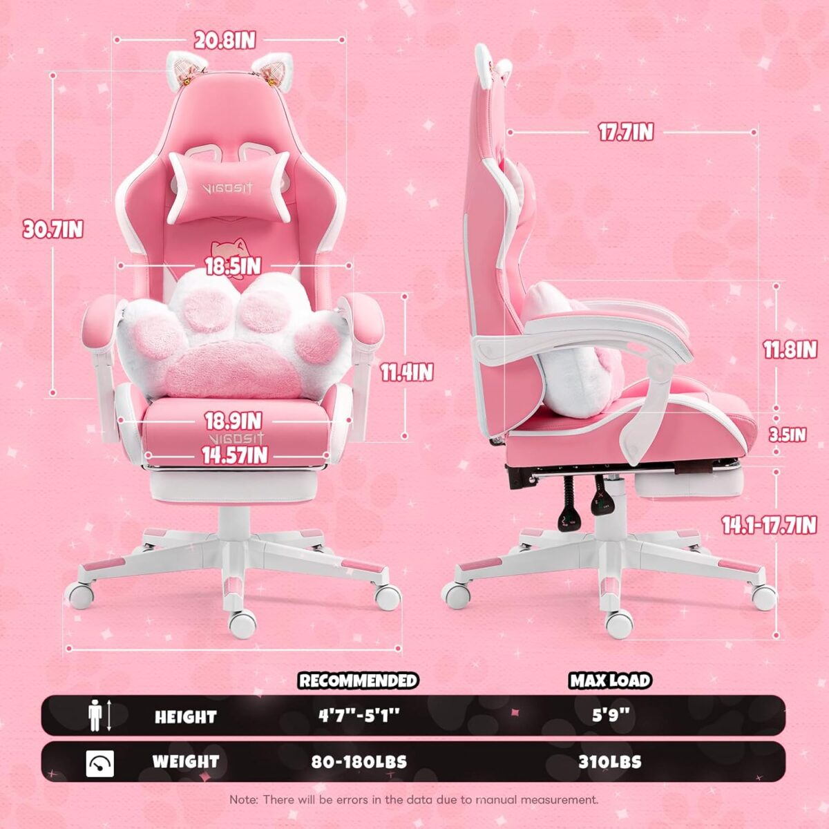 Cat Ears PU Leather Gaming Chair Ergonomic Adjustable Office Desk Computer Chairs for Gamers Adults Kids 360 Degree Swivel Recliner 45in Height, Pink - Image 3