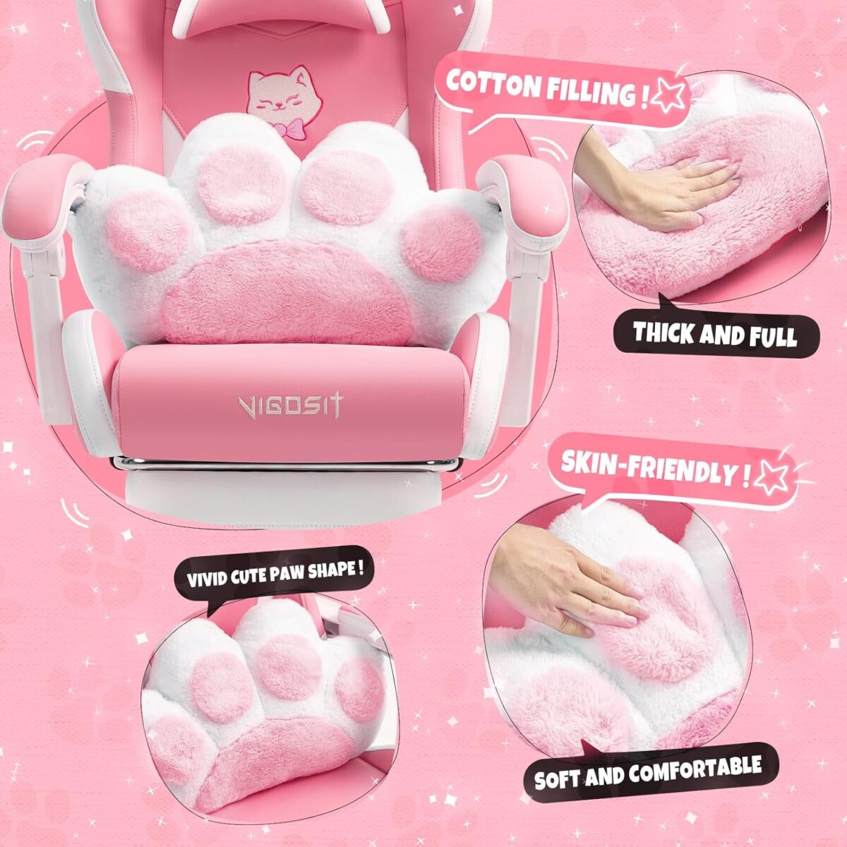 Cat Ears PU Leather Gaming Chair Ergonomic Adjustable Office Desk Computer Chairs for Gamers Adults Kids 360 Degree Swivel Recliner 45in Height, Pink - Image 5