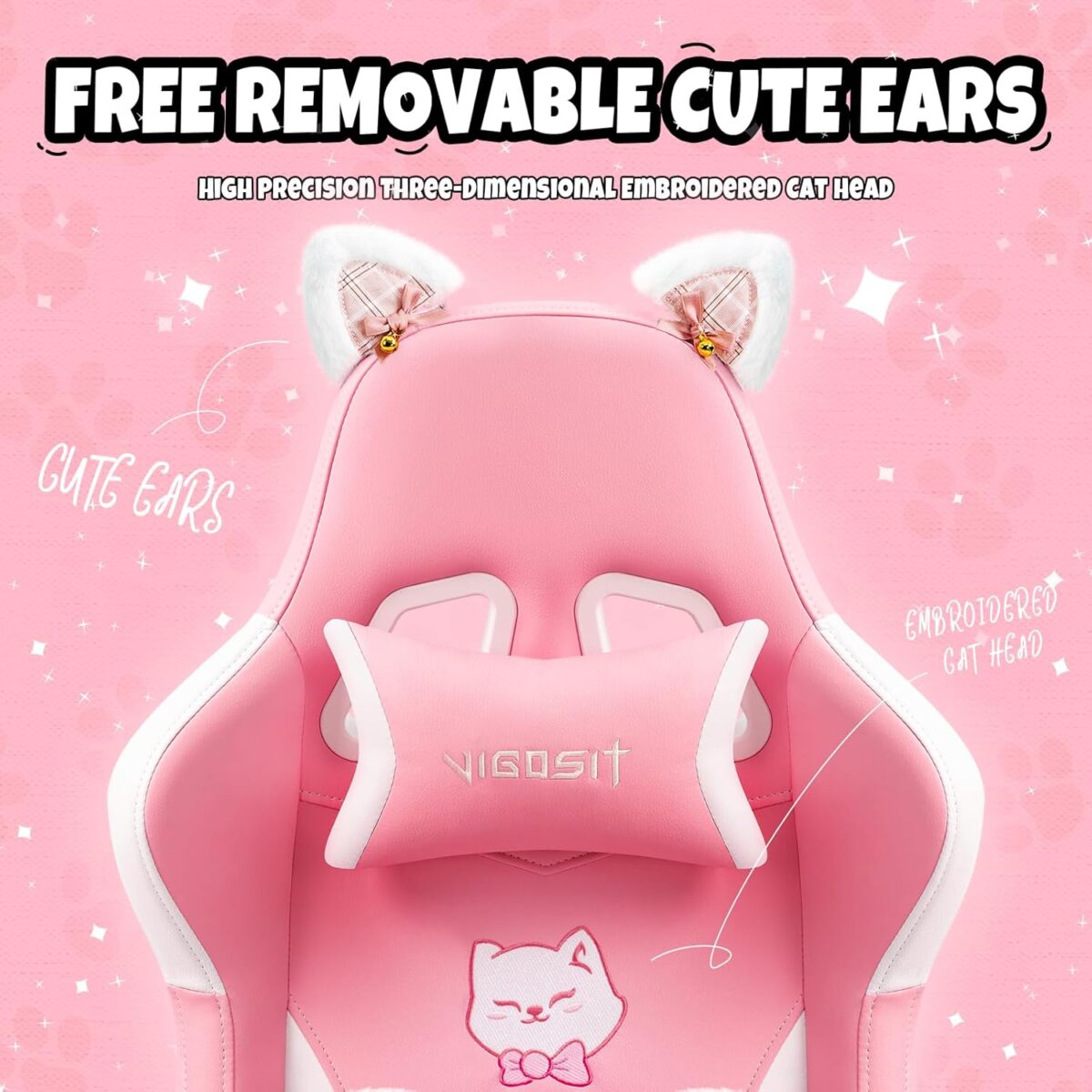 Cat Ears PU Leather Gaming Chair Ergonomic Adjustable Office Desk Computer Chairs for Gamers Adults Kids 360 Degree Swivel Recliner 45in Height, Pink - Image 6