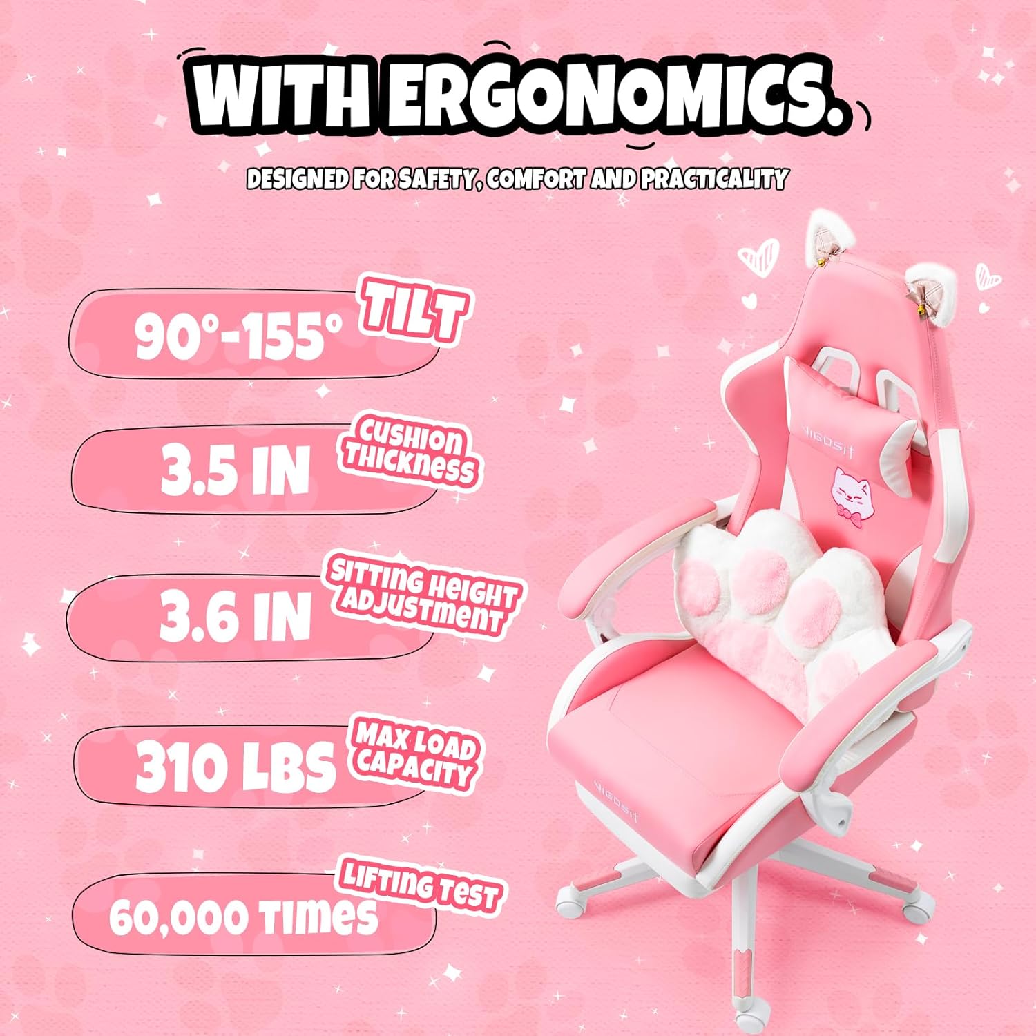 1761468481_Cat-Ears-PU-Leather-Gaming-Chair-Ergonomic-Adjustable-Office-Desk-Computer-Chairs-for-Gamers-Adults-Kids-360-Degree-Swivel-Recliner-45in-Height-Pink.jpg Cat Ears PU Leather Gaming Chair Ergonomic Adjustable Office Desk Computer Chairs for Gamers Adults Kids 360 Degree Swivel Recliner 45in Height, Pink - Image 7