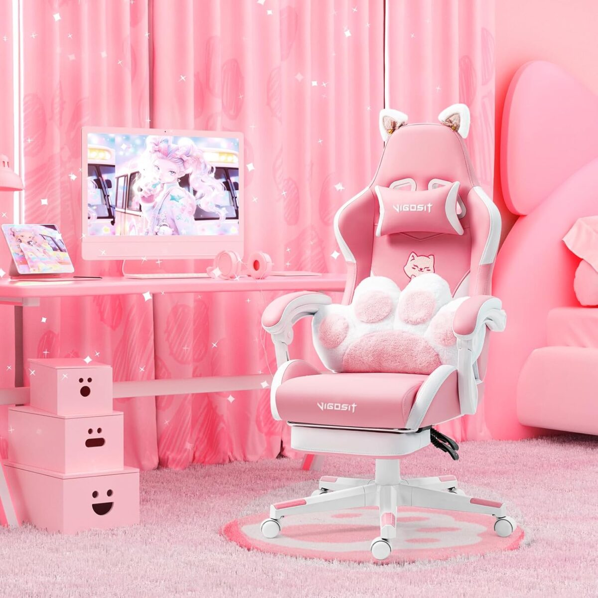 Cat Ears PU Leather Gaming Chair Ergonomic Adjustable Office Desk Computer Chairs for Gamers Adults Kids 360 Degree Swivel Recliner 45in Height, Pink - Image 8
