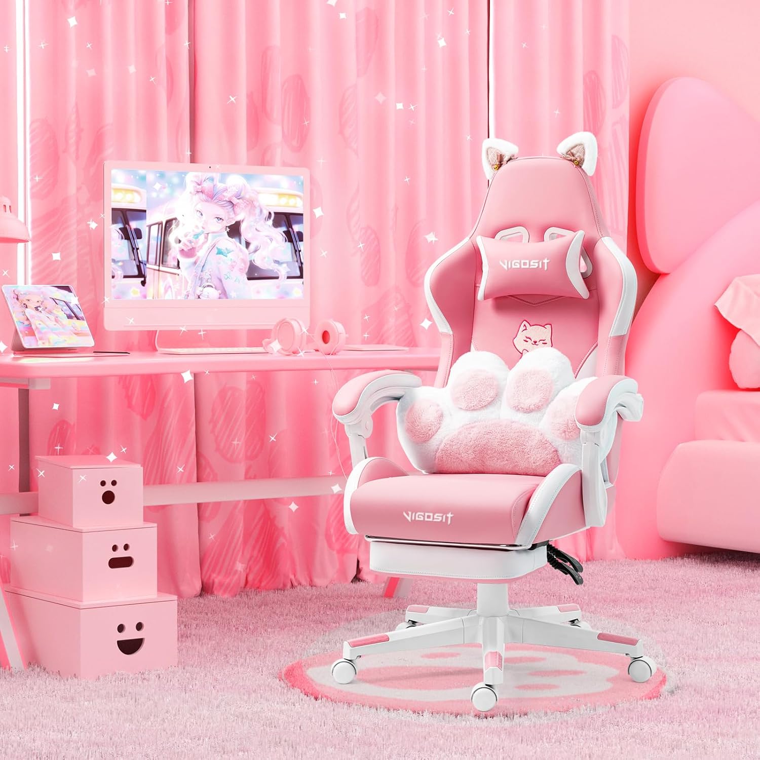 1761468483_Cat-Ears-PU-Leather-Gaming-Chair-Ergonomic-Adjustable-Office-Desk-Computer-Chairs-for-Gamers-Adults-Kids-360-Degree-Swivel-Recliner-45in-Height-Pink.jpg Cat Ears PU Leather Gaming Chair Ergonomic Adjustable Office Desk Computer Chairs for Gamers Adults Kids 360 Degree Swivel Recliner 45in Height, Pink - Image 8