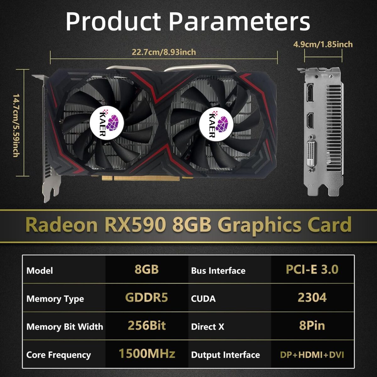 KAER RX590 8GB Graphics Card, 2304SP, GDDR5, 256 Bit，Pc Gaming Video Card with Dual Fans 1380/8000MHz,PCI Express 3.0 Gaming Graphics Card, DVI HDMI DP Desktop - Image 3