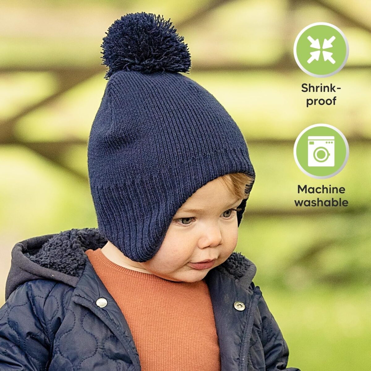 Baby Beanies, Baby Hats for Boys, Girls - Cute Toddler Winter Hat, Soft & Stretchy Beanies for Infant, Newborn 6-36 Months, Cozy & Warm with Earflap Muff & Pom (Navy) - Image 7