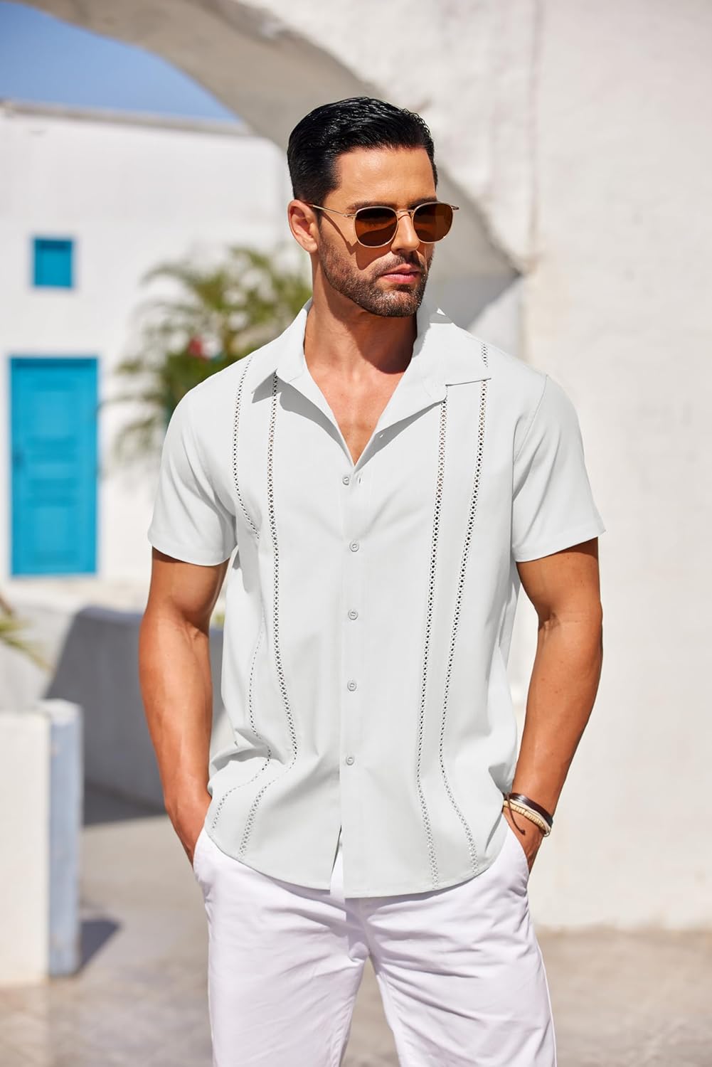 1761475569_COOFANDY-Mens-Cuban-Guayabera-Shirt-Short-Sleeve-Button-Down-Shirts-Casual-Summer-Beach-Linen-Shirts.jpg COOFANDY Men's Cuban Guayabera Shirt Short Sleeve Button Down Shirts Casual Summer Beach Linen Shirts - Image 5