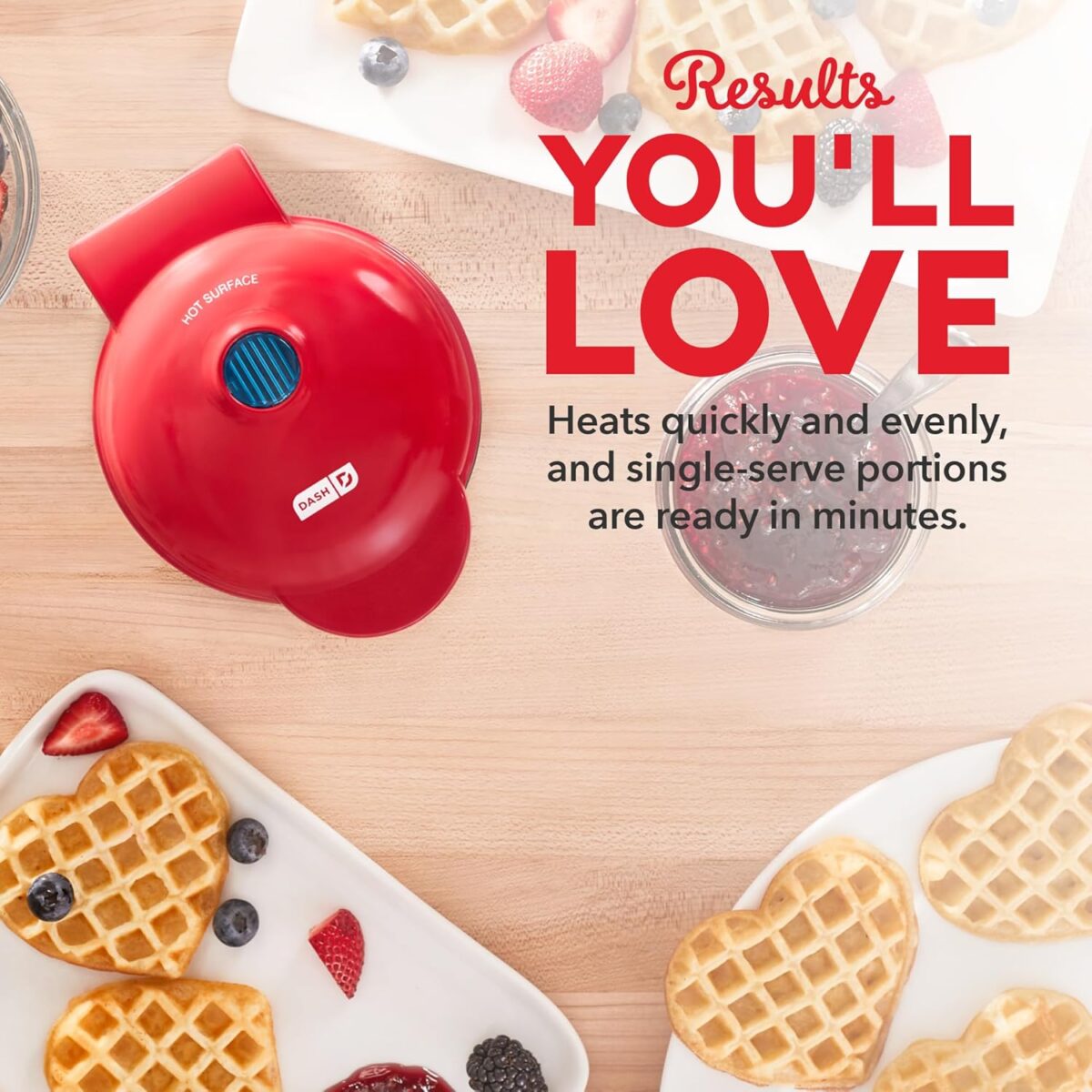 DASH Mini Waffle Maker Machine for Individuals, Paninis, Hash Browns, & Other On the Go Breakfast, Lunch, or Snacks, with Easy to Clean, Non-Stick Sides, Red Heart 4 Inch - Image 4