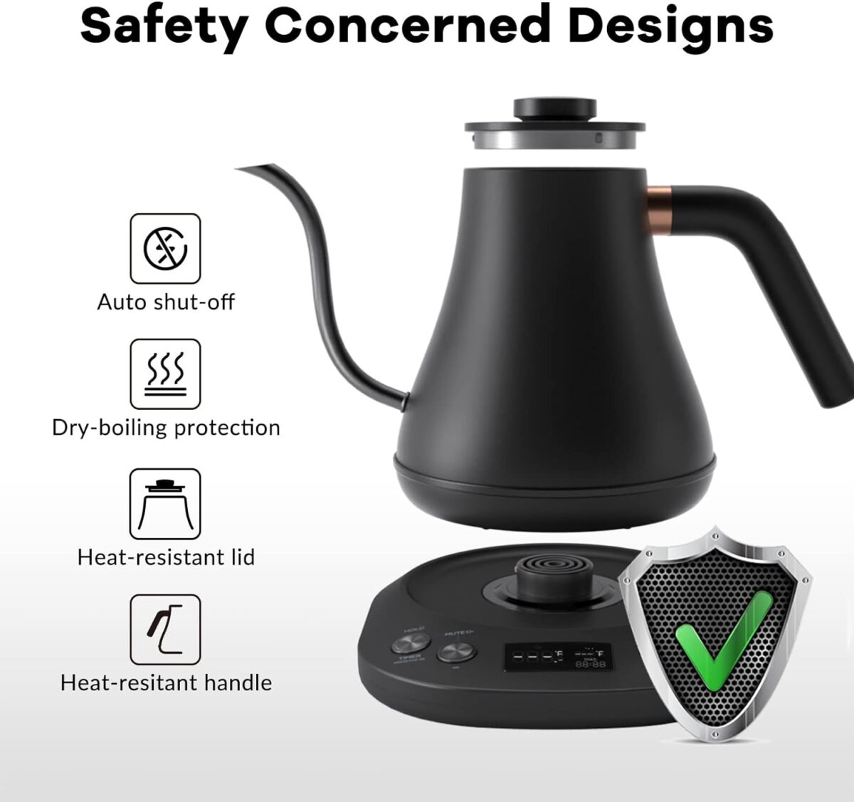 Mecity Electric Kettle Gooseneck Pour Over Kettle ±1℉ Temperature Control Quick Heating Water Boiler for Coffee & Tea & Formula Auto Shut Off Tea Kettle 1200 Watt, 0.8L, Matt Black, Barista Edition - Image 5