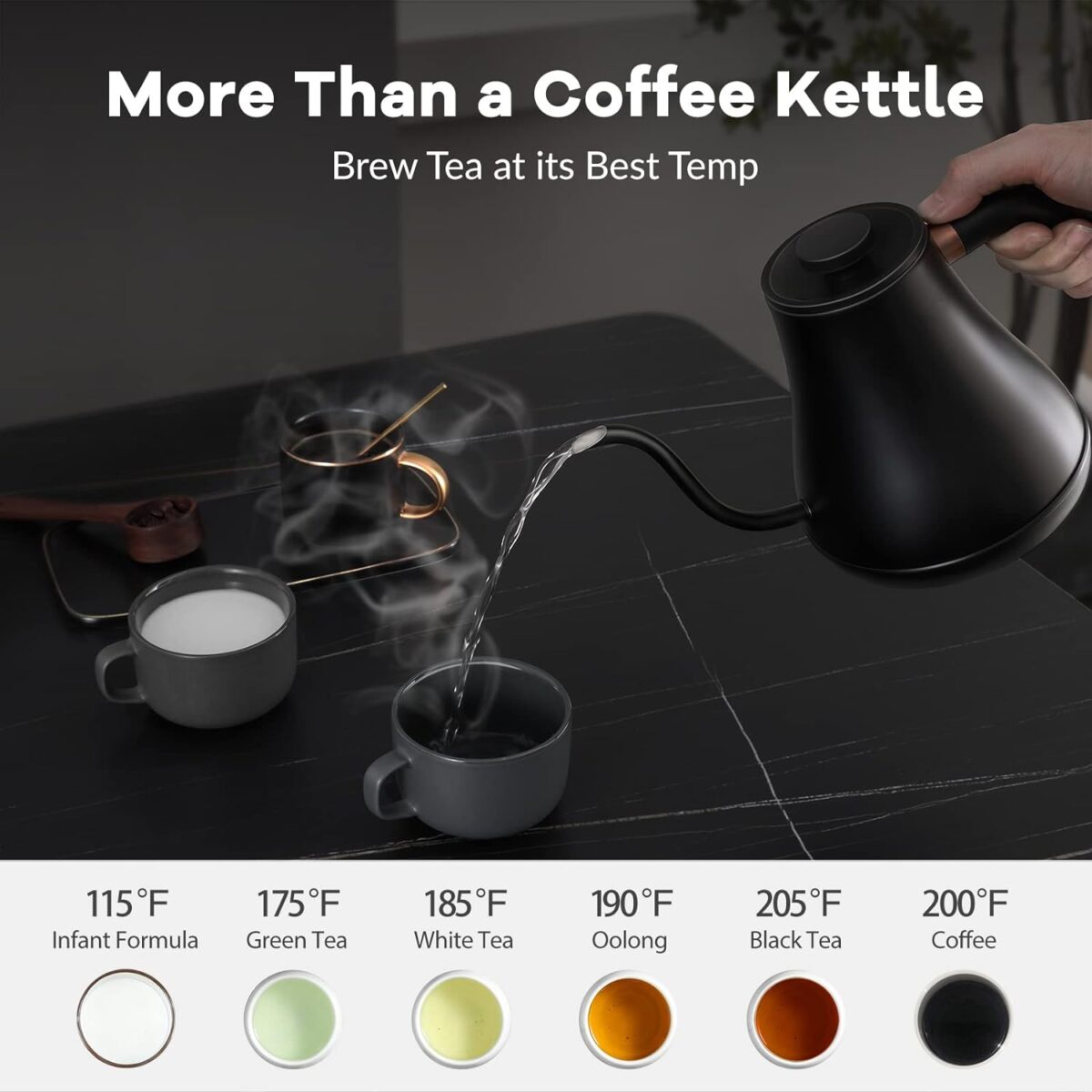 Mecity Electric Kettle Gooseneck Pour Over Kettle ±1℉ Temperature Control Quick Heating Water Boiler for Coffee & Tea & Formula Auto Shut Off Tea Kettle 1200 Watt, 0.8L, Matt Black, Barista Edition - Image 7