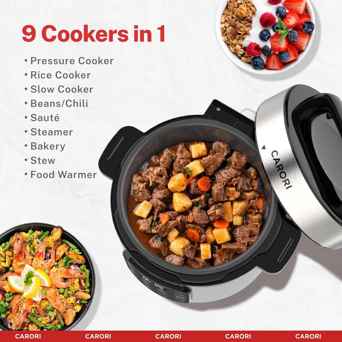 9-in-1 Electric Pressure Cooker 6 Qt, Programmable Multi-Function with Safer Vent, Olla de Presion, Rice Cooker, Slow Cooker, Steamer, Sauté, Warmer & Sterilizer, 1000W, Stainless Steel - Image 3
