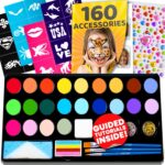 28 Color Face Painting Kit for Kids - Blue Squid Face Paint Kit Palette with 160pc accessories Stencils, Water Activated Non Toxic Washable Professional Facepaint body set Halloween Party Makeup - Image 2