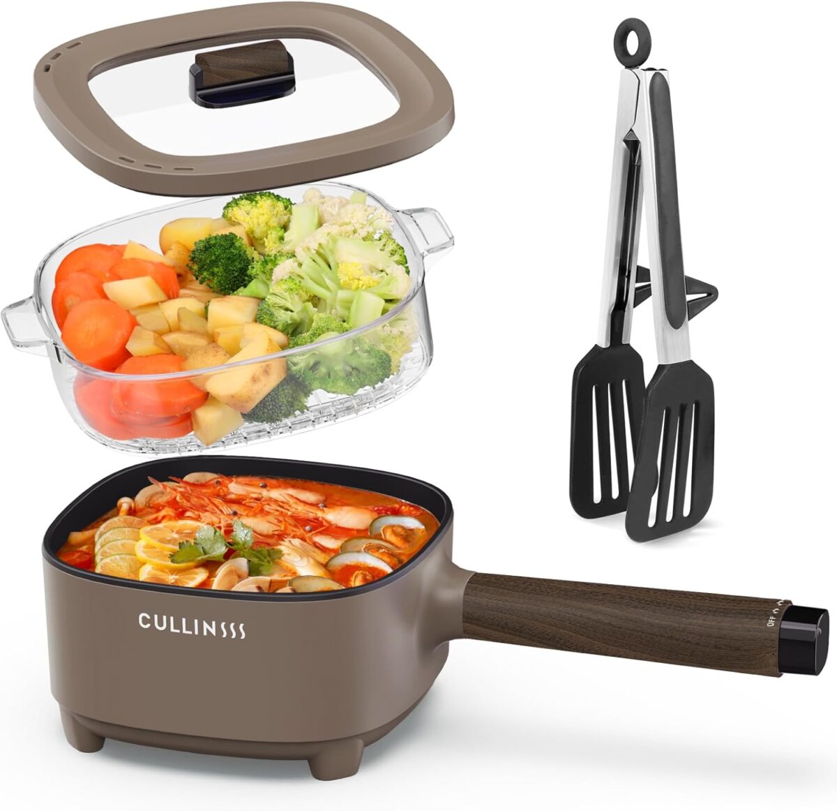 2L Hot Pot Electric with Steamer, Portable Electric Pot with Upgrade Titanium Nonstick Coating for Dorm, Office, Travel, Multi Cooker Pot for Ramen, Soup, Oatmeal (Tongs Included) - Image 2