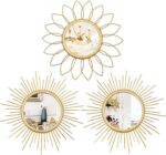 3 Pack Metal Mirrors for Wall Sunburst Wall Mirrors Home Décor Decorative Hanging Wall Art for Living Room Bedroom Entryway (Gold, Flower+Sunburst) - Image 2