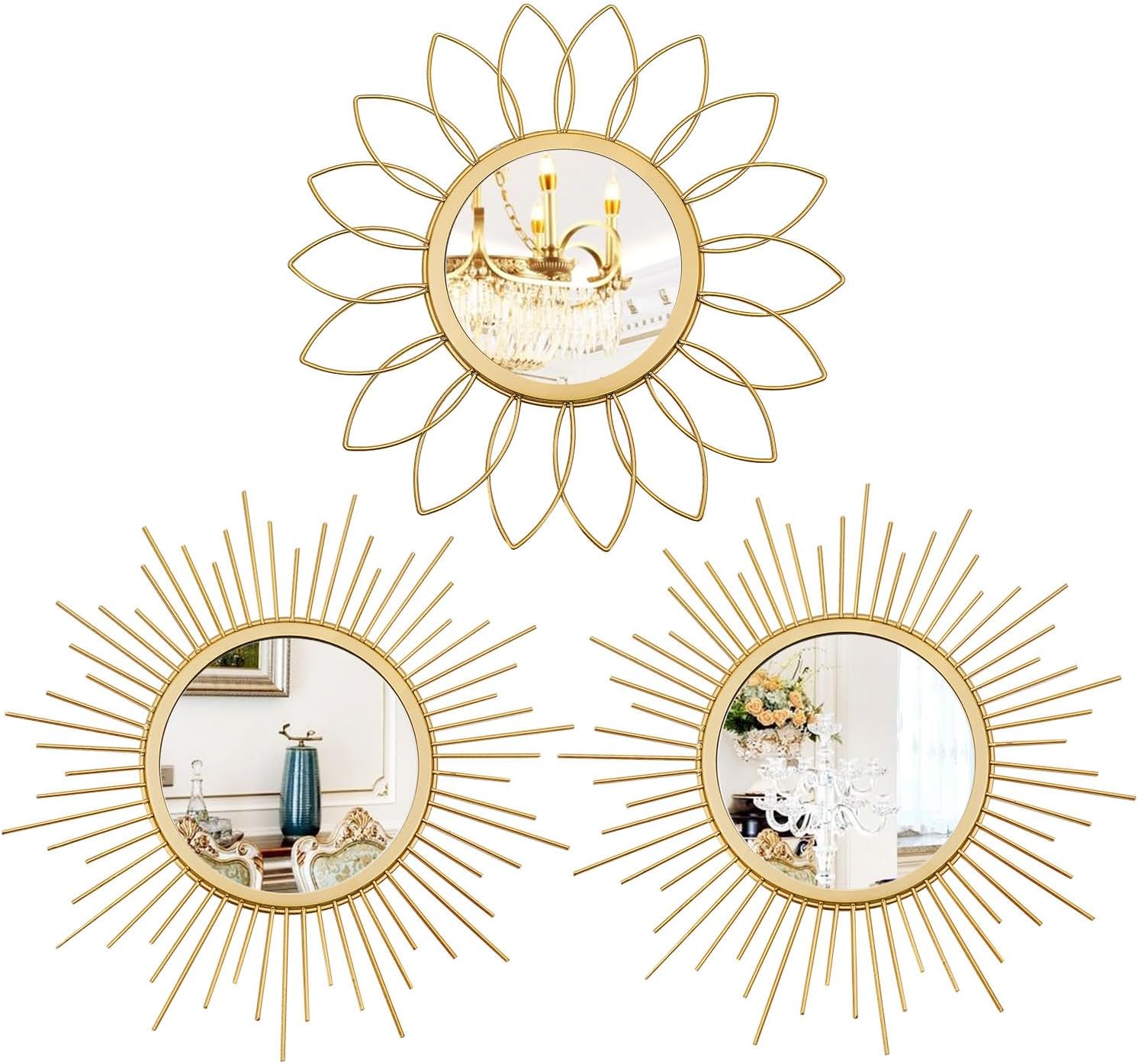 3-Pack-Metal-Mirrors-for-Wall-Sunburst-Wall-Mirrors-Home-Decor-Decorative-Hanging-Wall-Art-for-Living-Room-Bedroom-Entryway-Gold-FlowerSunburst.jpg 3 Pack Metal Mirrors for Wall Sunburst Wall Mirrors Home Décor Decorative Hanging Wall Art for Living Room Bedroom Entryway (Gold, Flower+Sunburst) - Image 2