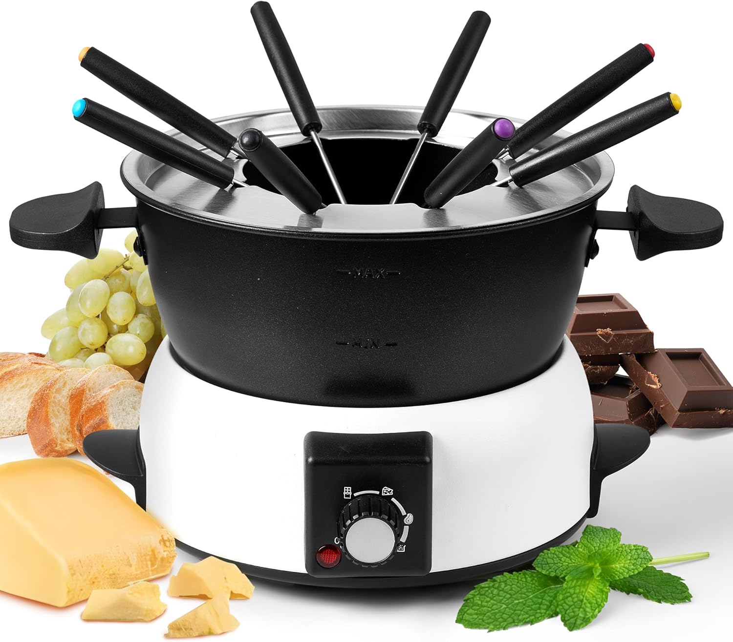 3-Quart-Electric-Fondue-Pot-Set-–-Stainless-Steel-Fondue-Pot-with-8-Color-Coded-Forks-3-Mode-Adjustable-Temperature-Control-for-Cheese-Chocolate-Oil-and-Hotpot-Model-FD-10B.jpg 3-Quart Electric Fondue Pot Set – Stainless Steel Fondue Pot with 8 Color-Coded Forks, 3-Mode Adjustable Temperature Control for Cheese, Chocolate, Oil, and Hotpot, Model FD-10B - Image 2