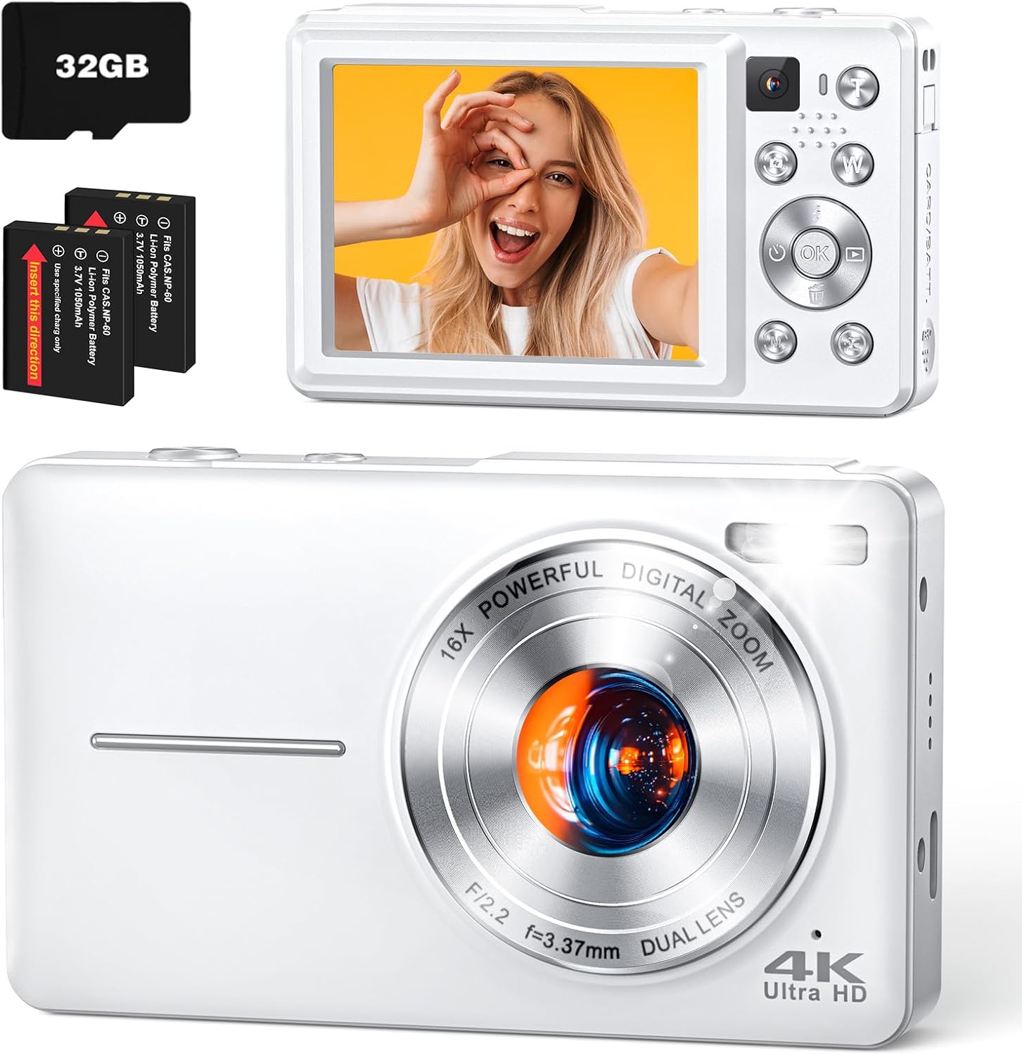 4K-Digital-Camera-64MP-Autofocus-Vlogging-Camera-with-Front-Rear-Lens-Flash-16X-Zoom-Anti-Shake-32GB-Card-Compact-Point-Shoot-Camera-for-Teens-Adult-Beginner-Travel-PhotographyWhite.jpg 4K Digital Camera, 64MP Autofocus Vlogging Camera with Front Rear Lens, Flash, 16X Zoom, Anti-Shake, 32GB Card, Compact Point Shoot Camera for Teens Adult Beginner Travel Photography(White) - Image 2