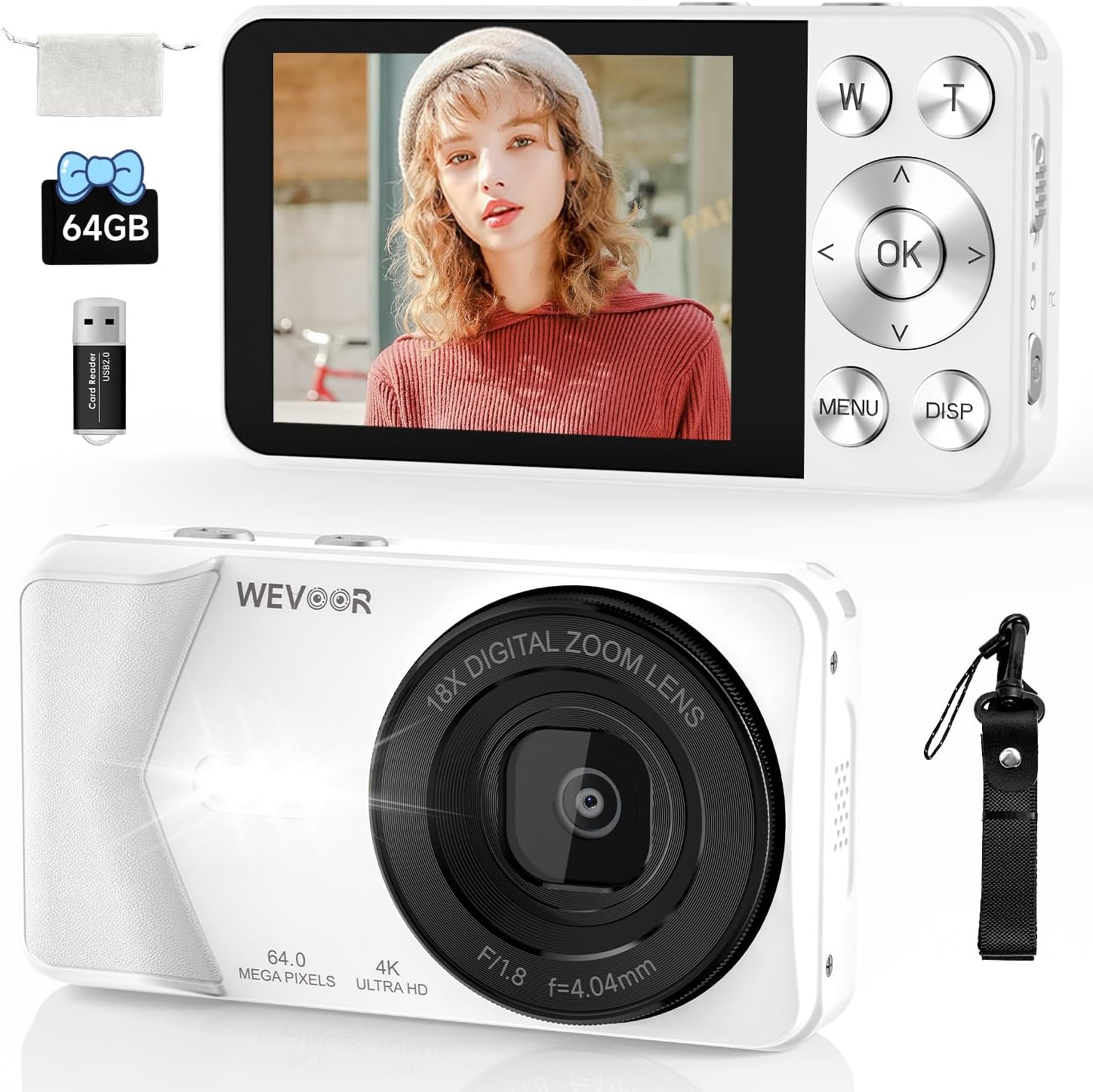 4K-Digital-Camera-Wevoor-64MP-Point-and-Shoot-Digital-Camera-with-Autofocus-18X-Zoom-20-Filters-64GB-SD-Card-2000-mAh-Battery-2.8-Screen-Compact-Vlogging-Camera-for-Beginners-Teens-AdultWhite.jpg 4K Digital Camera, Wevoor 64MP Point and Shoot Digital Camera with Autofocus, 18X Zoom, 20 Filters, 64GB SD Card, 2000 mAh Battery, 2.8" Screen Compact Vlogging Camera for Beginners Teens Adult(White) - Image 2