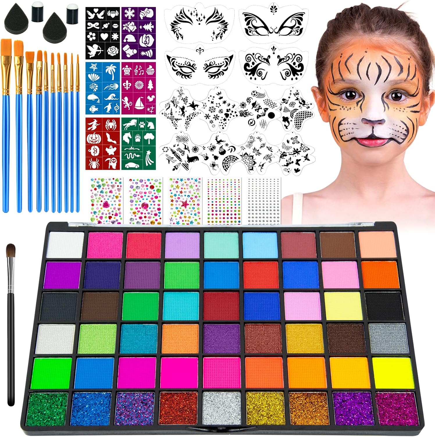 54-Colors-Face-Painting-Kit-for-Kids-Non-Toxic-Water-Activated-Face-Paint-Palette-Facepaint-Makeup-Kit-with-Brushes-Stencils-Gems-for-Festivals-Halloween-Carnival-Birthday-Parties.jpg 54 Colors Face Painting Kit for Kids, Non-Toxic Water Activated Face Paint Palette, Facepaint Makeup Kit with Brushes, Stencils, Gems, for Festivals, Halloween, Carnival, Birthday Parties - Image 2