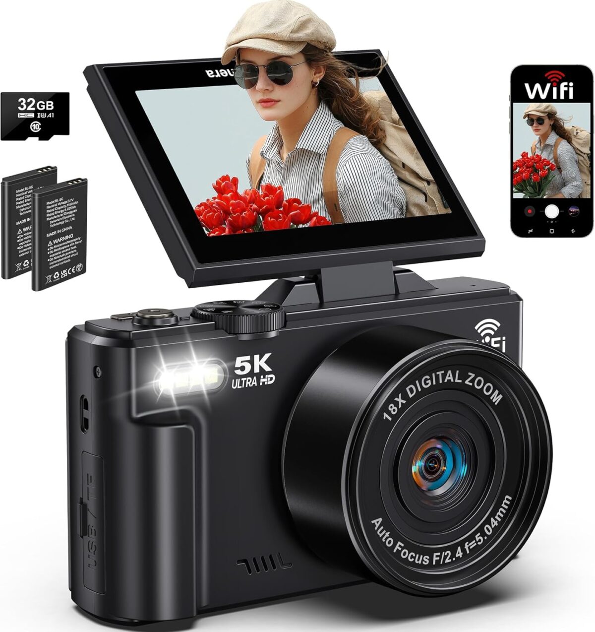 5K Digital Camera for Photography, 75MP WiFi Vlogging Camera for YouTube with 3" 180° Flip Screen, 18X Zoom UHD Autofocus Video Camara with 32GB SD Card, 2 Batteries - Image 2