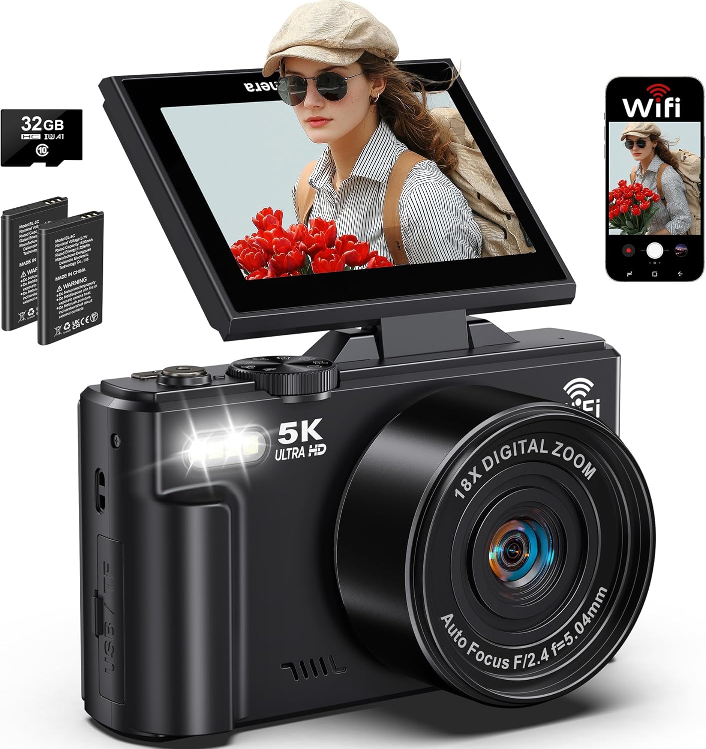 5K-Digital-Camera-for-Photography-75MP-WiFi-Vlogging-Camera-for-YouTube-with-3-180°-Flip-Screen-18X-Zoom-UHD-Autofocus-Video-Camara-with-32GB-SD-Card-2-Batteries.jpg 5K Digital Camera for Photography, 75MP WiFi Vlogging Camera for YouTube with 3" 180° Flip Screen, 18X Zoom UHD Autofocus Video Camara with 32GB SD Card, 2 Batteries - Image 2