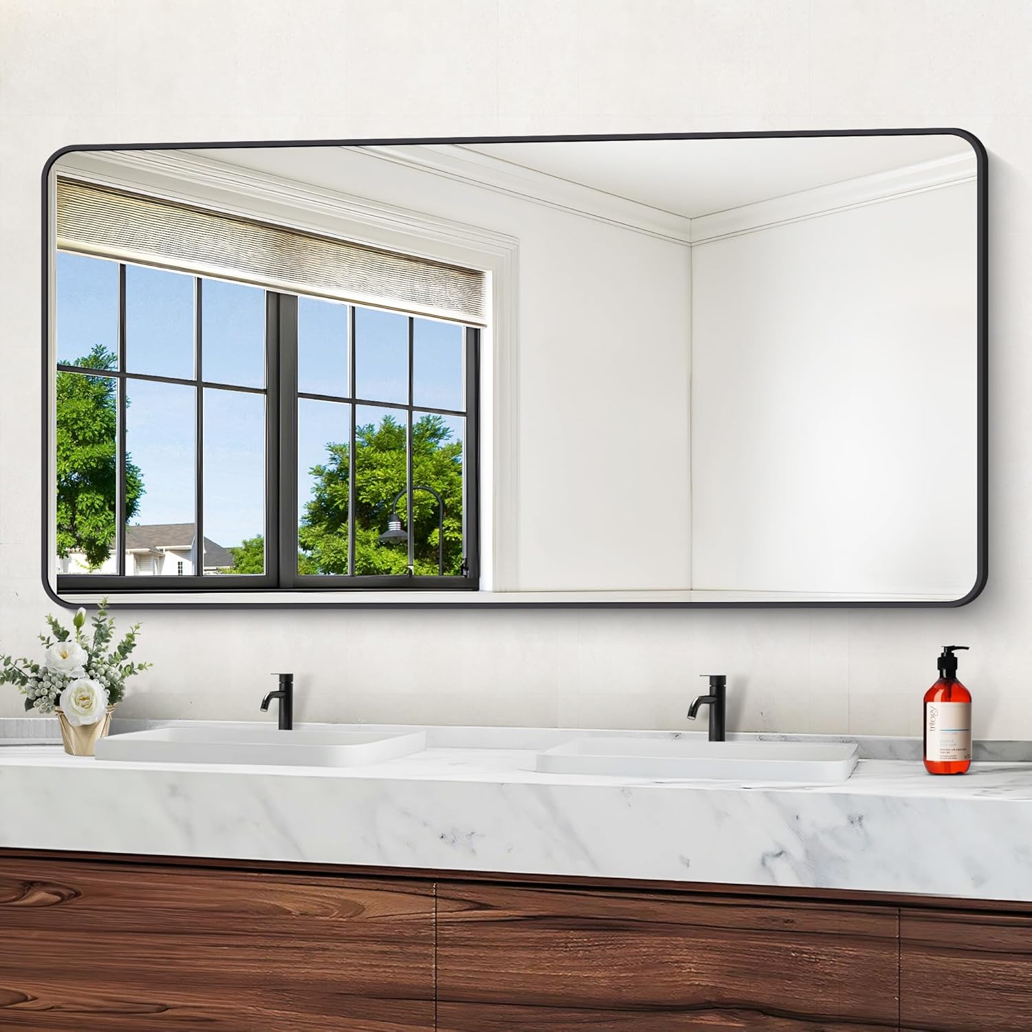 72-x-36Bathroom-Mirror-Matte-Black-Wall-Mirror-with-Metal-Frame-Decorative-Rectangular-Vanity-Mirror-for-Bedroom-Bathroom-Living-Room-Entryway-HorizontalVertical.jpg 72" x 36"Bathroom Mirror, Matte Black Wall Mirror with Metal Frame, Decorative Rectangular Vanity Mirror for Bedroom Bathroom Living Room Entryway (Horizontal/Vertical) - Image 2